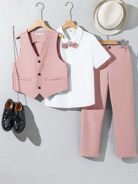 Tween Boy's Resort College Style Solid Color Short Sleeve Shirt, Vest & Trousers Woven Three-Piece Gentleman Suit