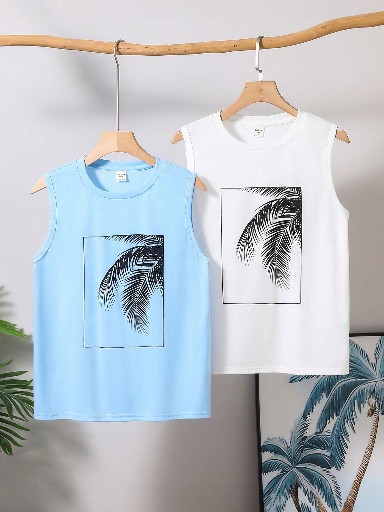 Tween Boys' Summer Casual Vacation Style Palm Tree Printed Loose Knitted Tank Top