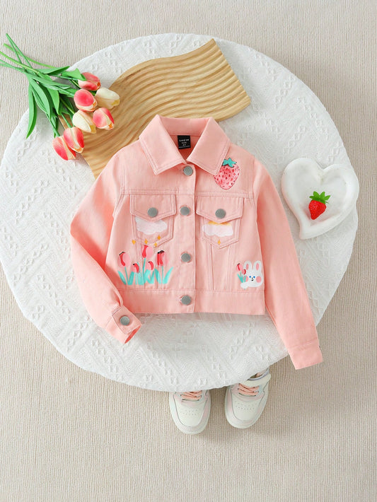 Young Girls Cartoon Graphic Flap Pocket Denim Jacket For Spring & Autumn