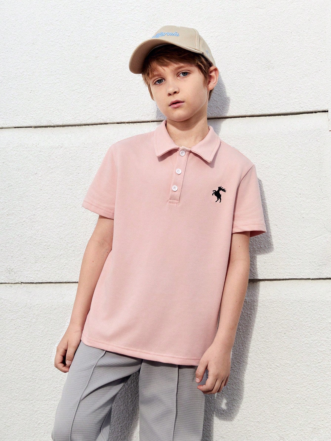 Tween Boy Deer Embroidery Polo Shirt Short Sleeve Casual Daily Wear, Summer