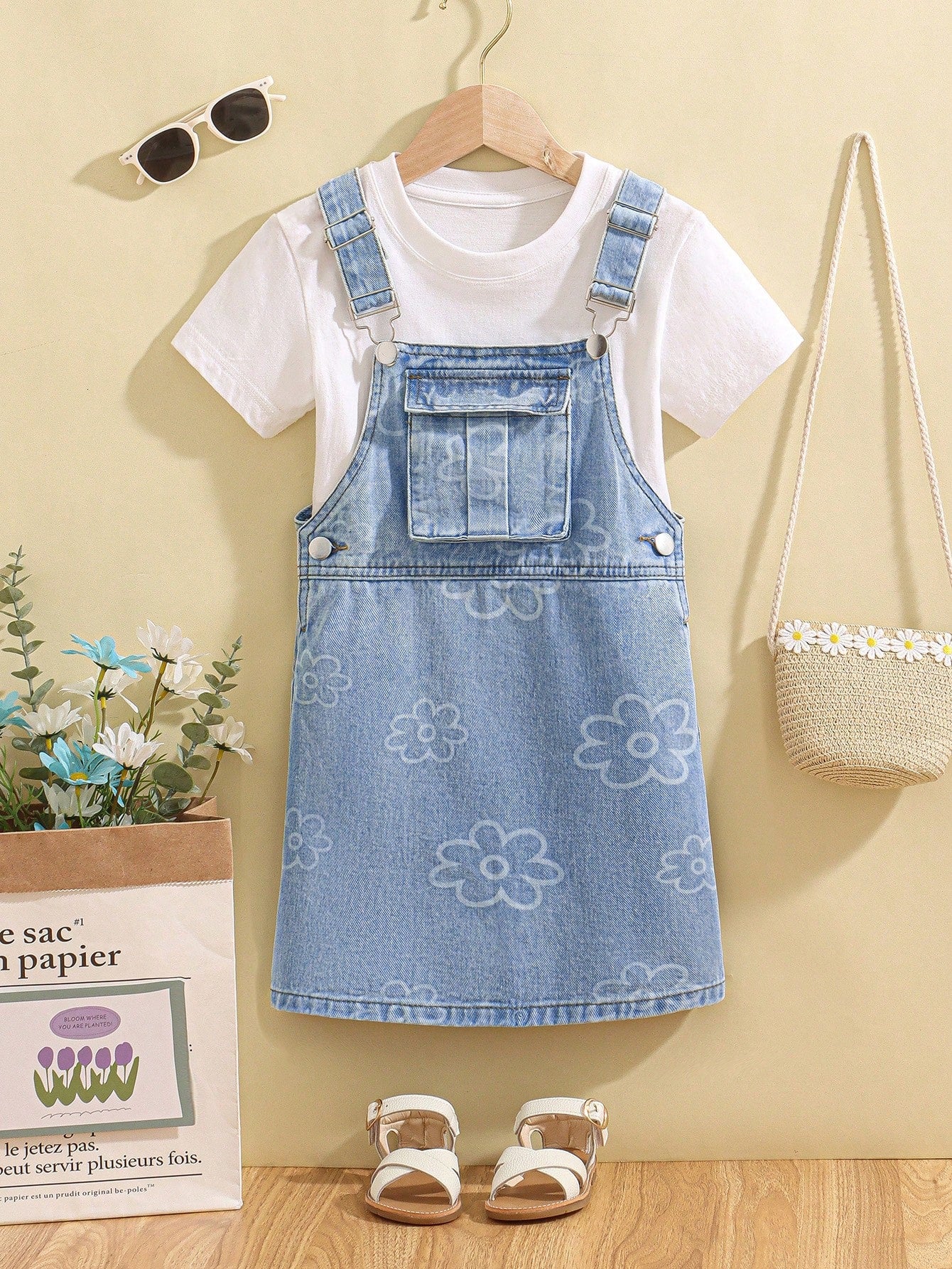 Young Girls' Sweet Floral Print Denim Back Pocket Dress For Summer