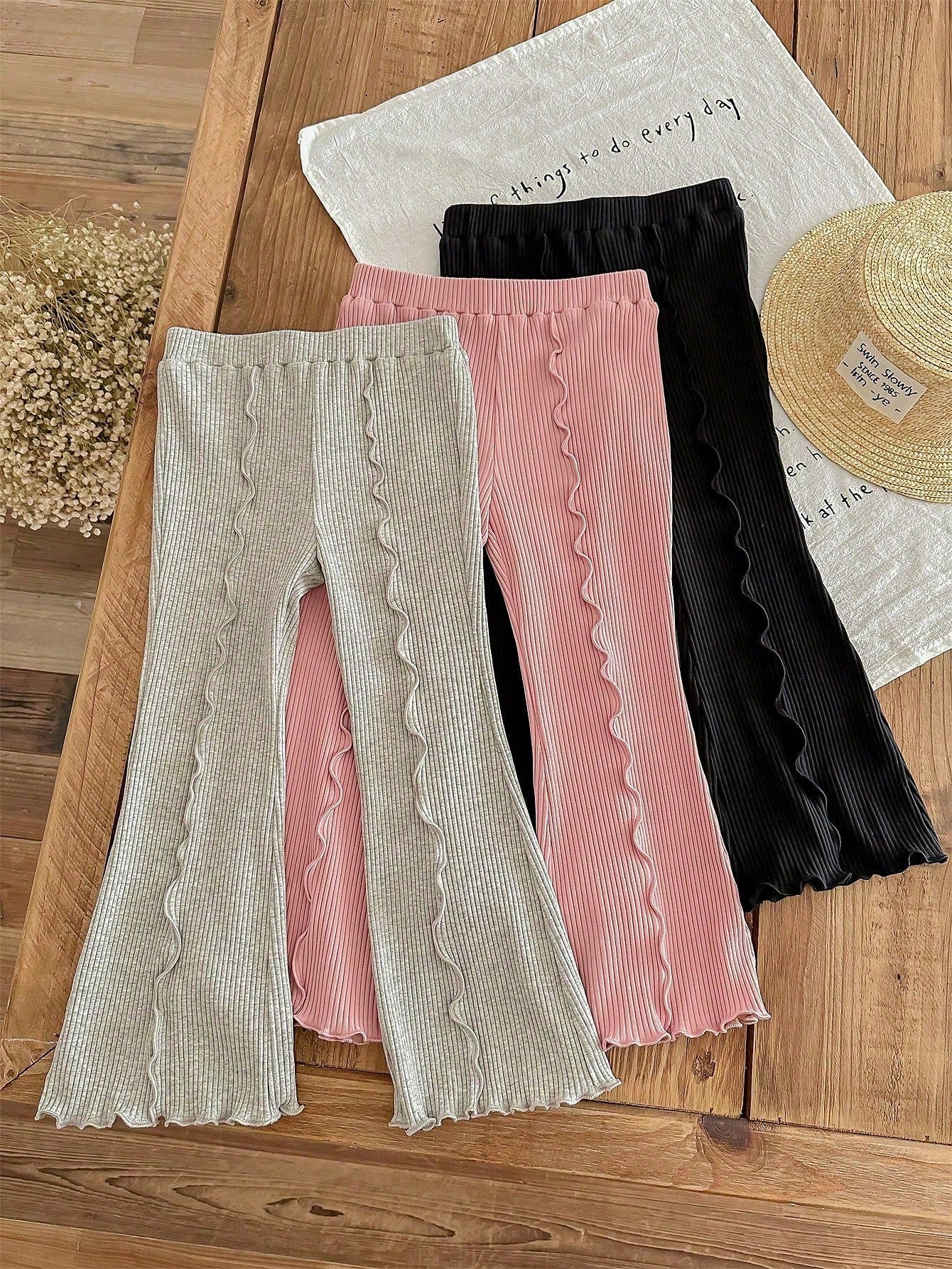 Young Girl Knitted Solid Color Casual Wide Leg Bell Bottom Pants, Versatile Knit Stripes Trousers