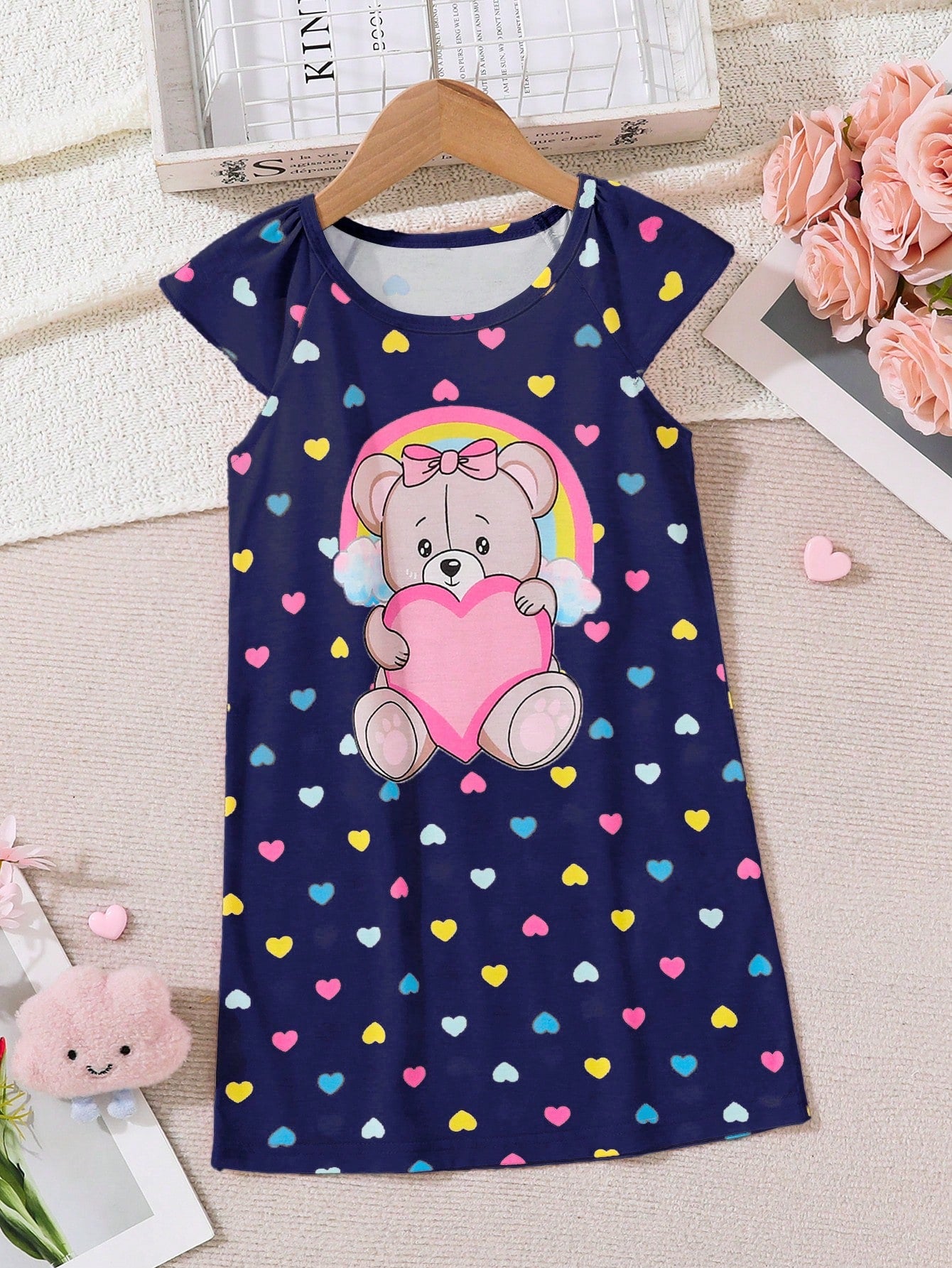 Girls' Rainbow Teddy Bear Heart Printed Flame-Resistant Round Neck Short Sleeve Nightgown