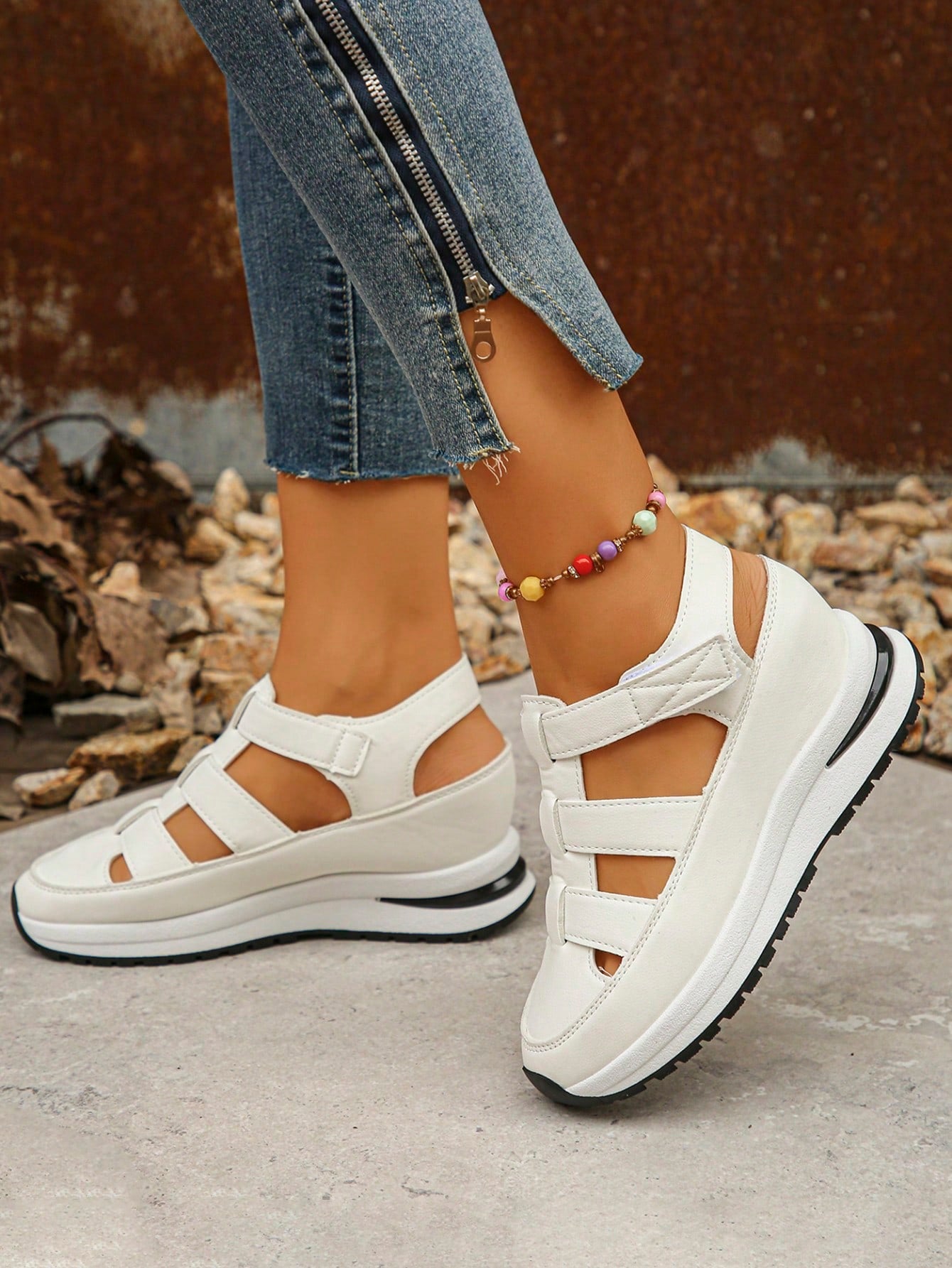 Women's White Platform Wedge Sandals, Closed Toe, Cutout Weaved Upper, Breathable Hook And Loop Strap, Fashionable Versatile Comfortable Casual Shoes, White Chunky Heel Sandals, Plus Size Women's Shoes