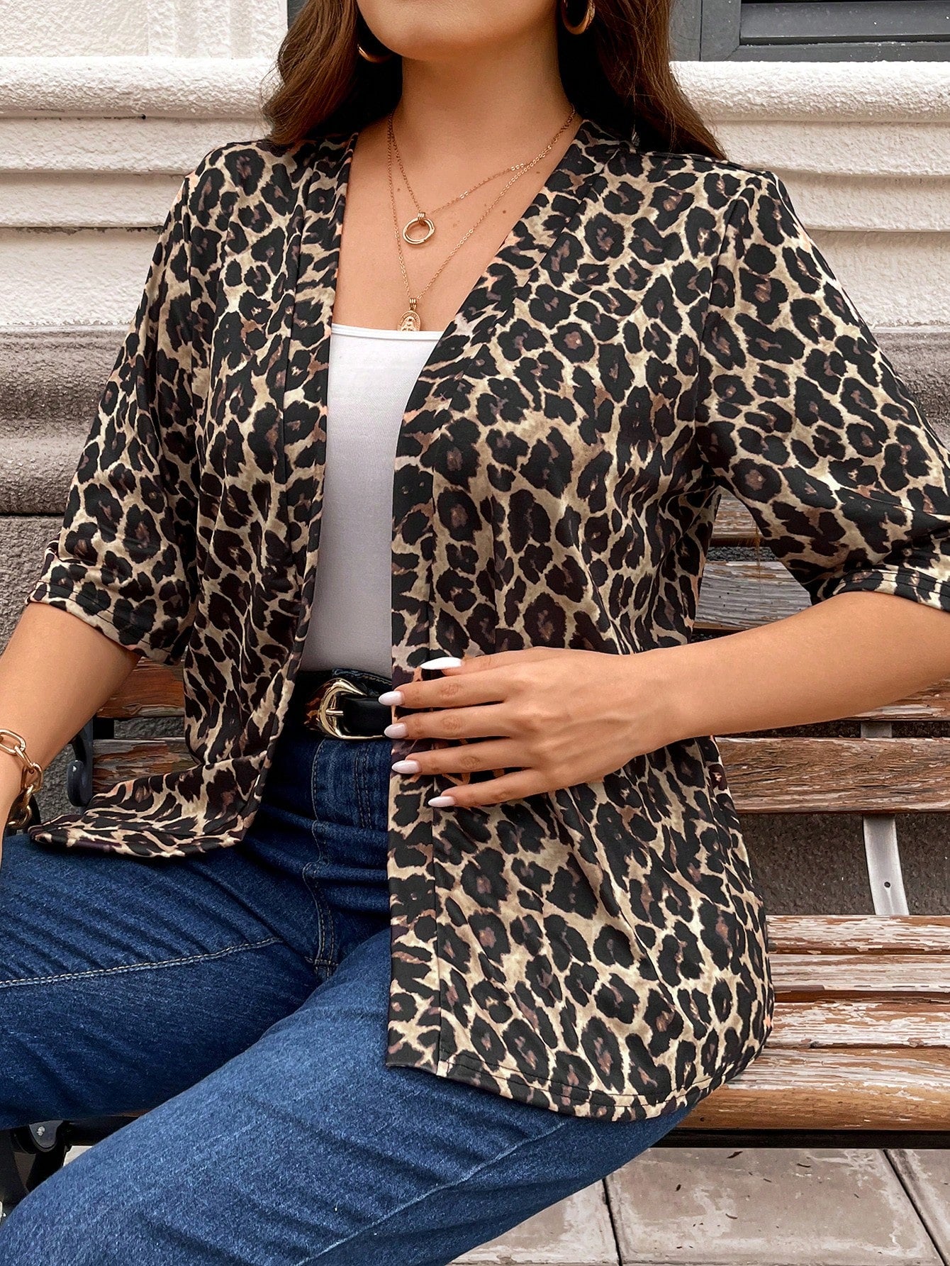 Plus Size Fall Women Clothes Leopard Print 7/8 Sleeve Everyday Casual Bomber Jacket Back To School Clothes For Autumn & Winter