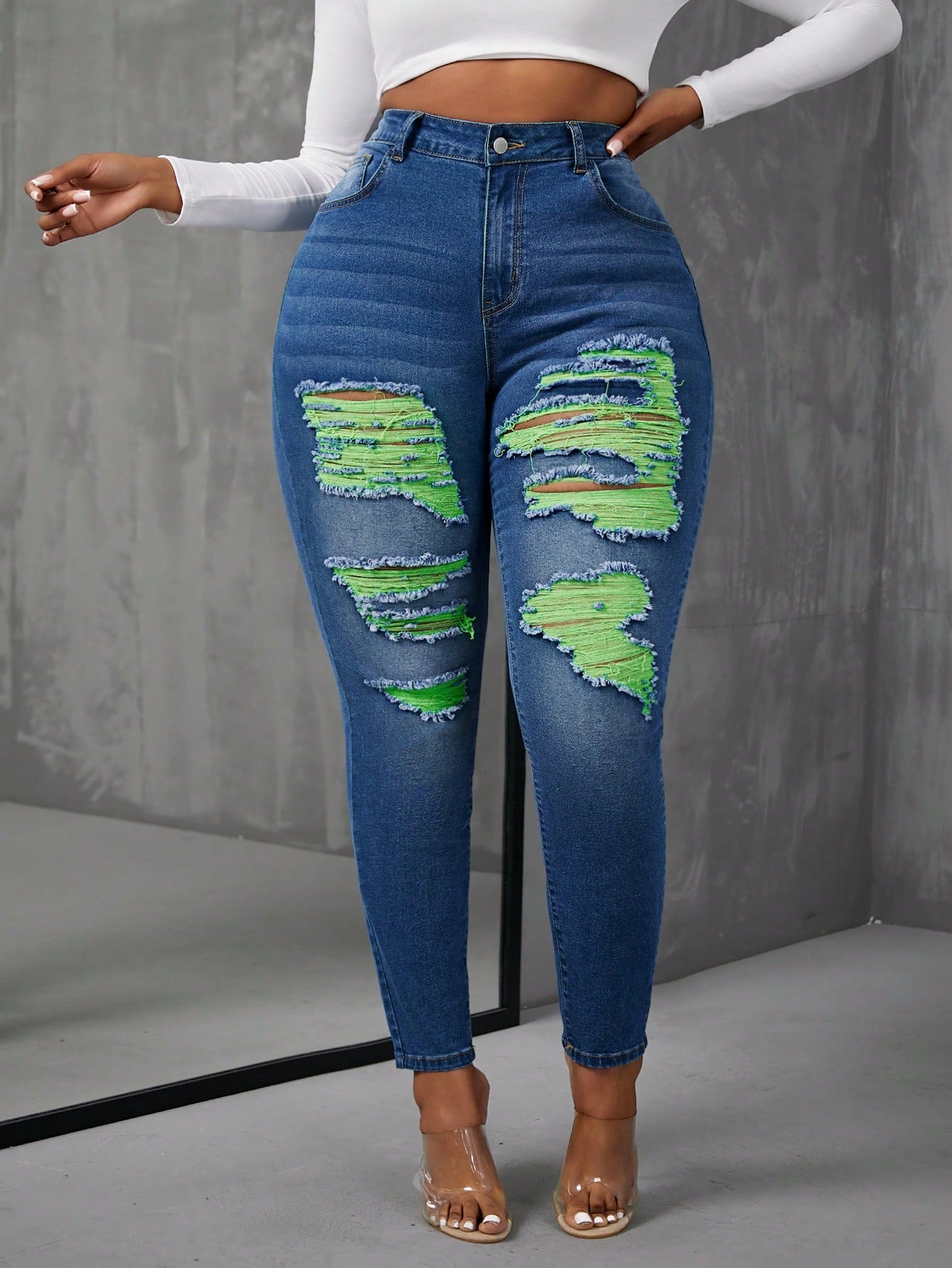 Sexy Stretchy Orange Distressed Plus Size Denim Skinny Jeans For Women