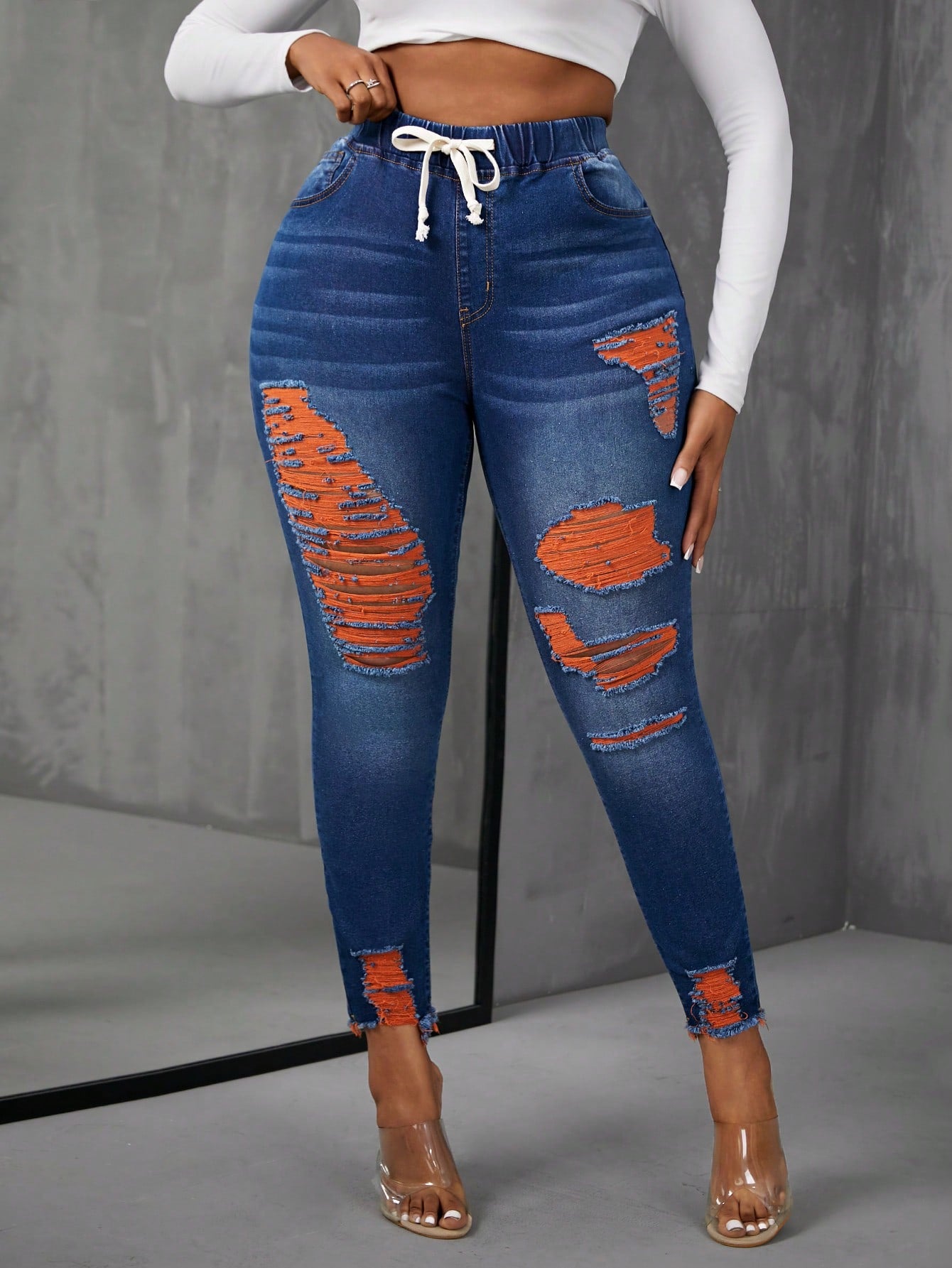 Plus Drawstring Waist Ripped Frayed Hem Skinny Jeans