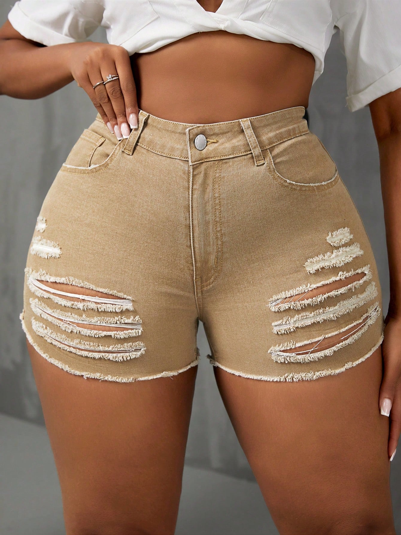 Plus Size Distressed Slim Fit Denim Shorts