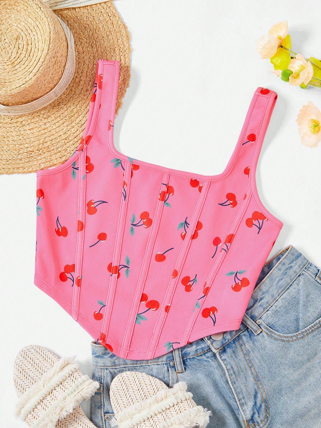 Vacation Summer Cherry Printed Knitted Corset Square Neck Crop Tank Top, Perfect For Vacation Cute Summer Tops,Dress To Impress 25 Styles