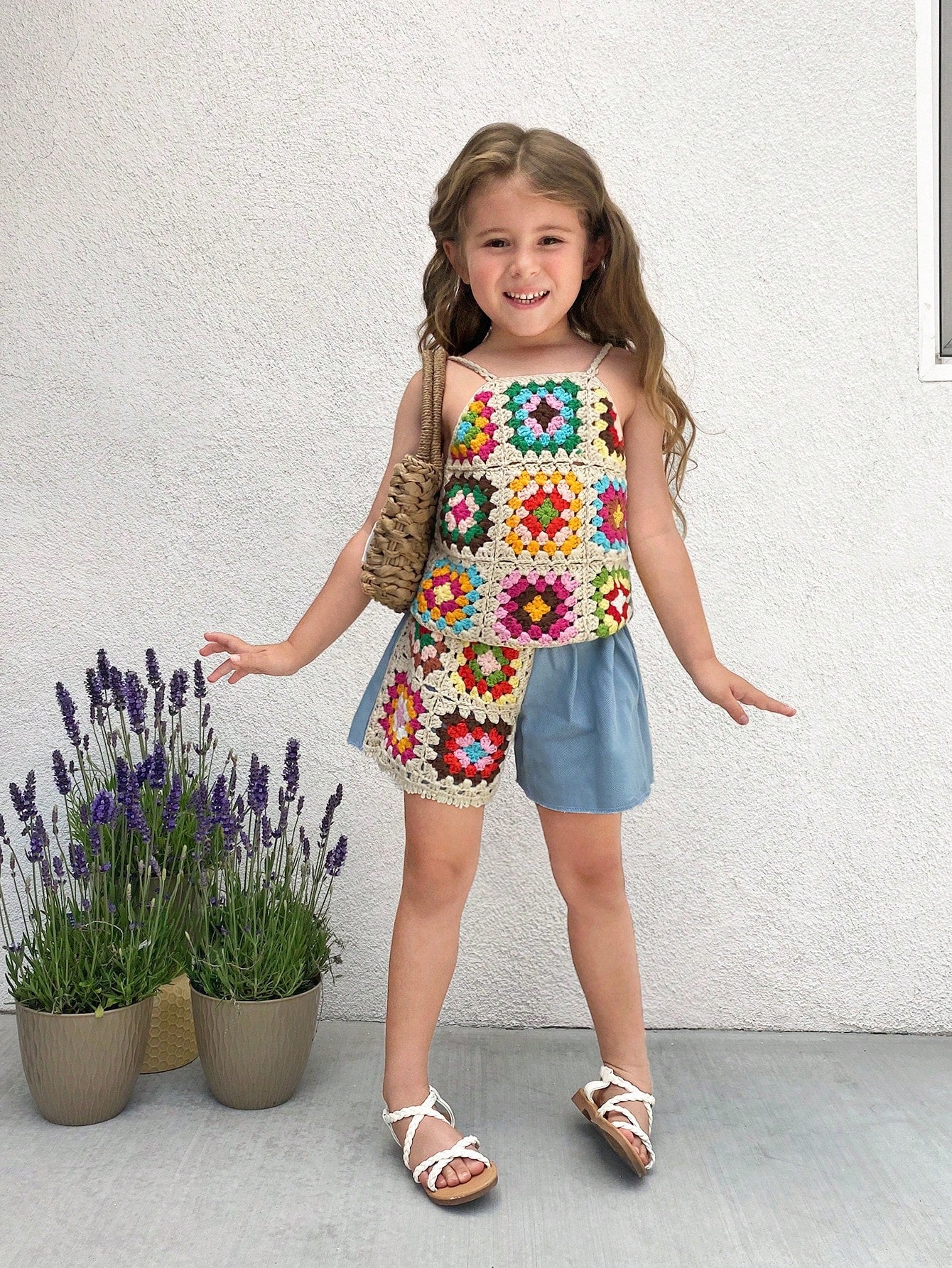 Young Girl Crocheted Floral Pattern Cami Top And Shorts Two-Piece Set