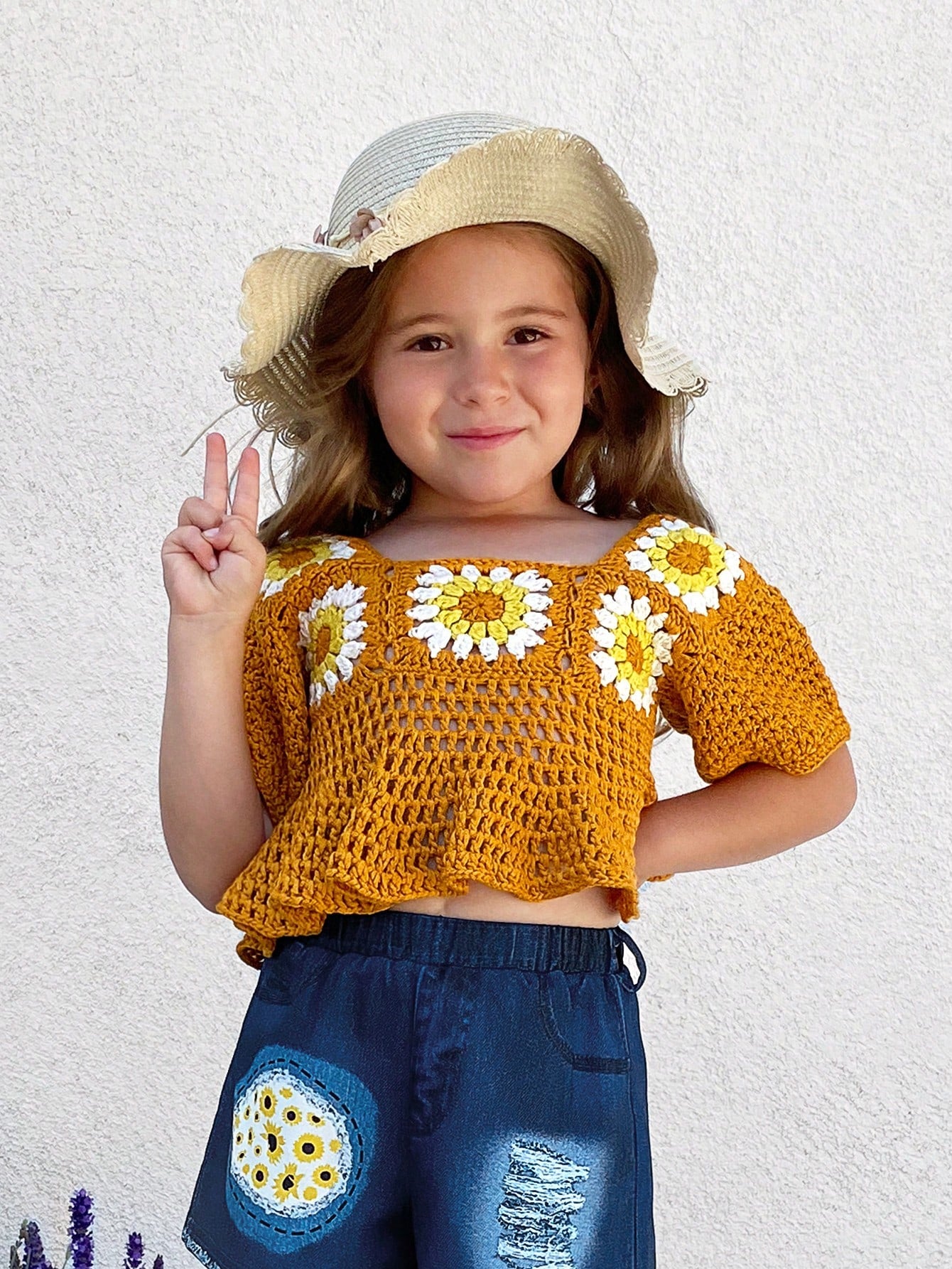 Young Girl Flower Pattern Square Neck Sunflower Crochet Cropped Cover Ups