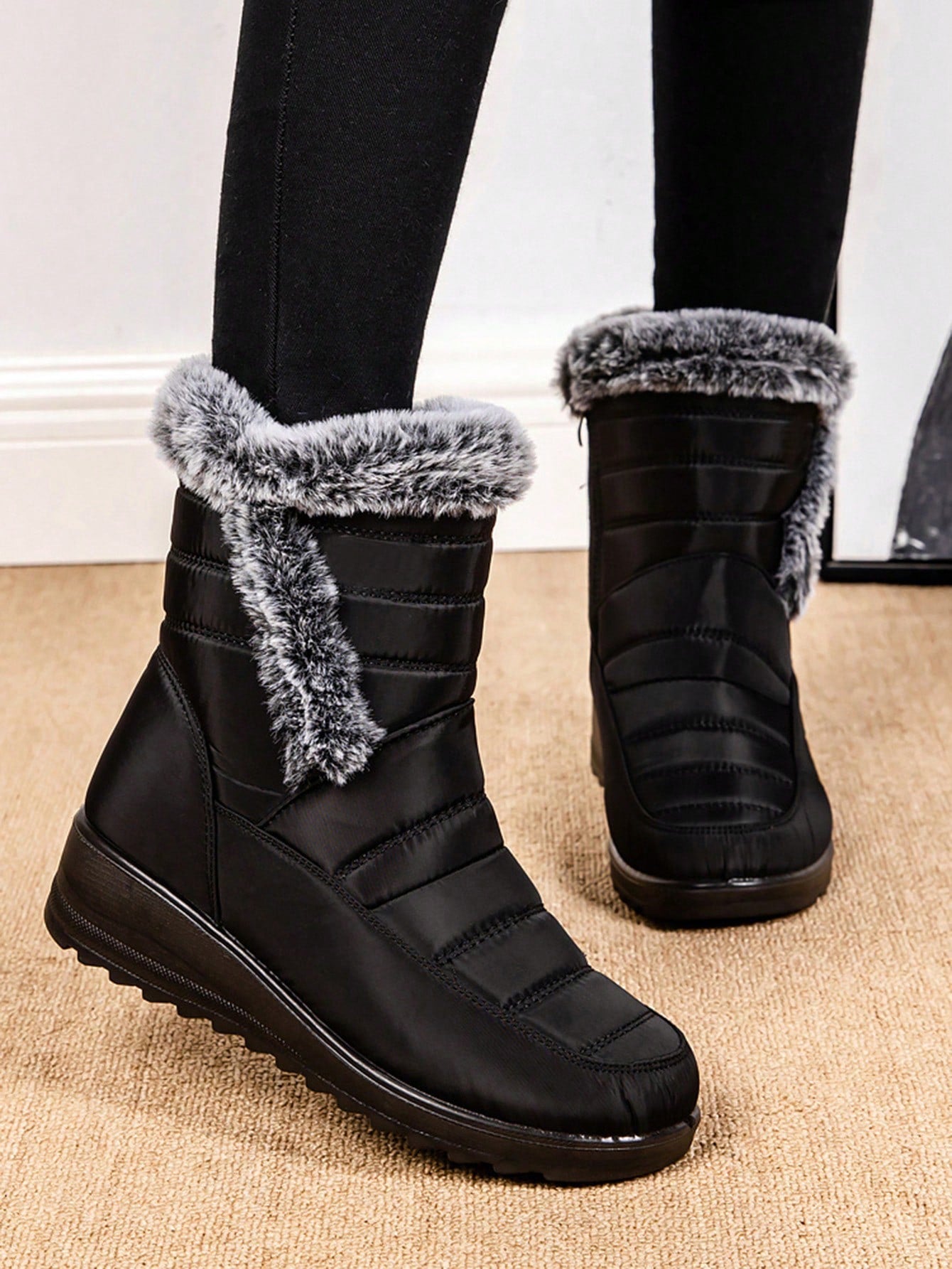 2024 Winter New Fashion Women's Ankle Boots With Fur Collar, Waterproof Platform, Wedge Heel, Warm Plush Lining, Waterproof And Slip-Resistant Short Boots For Women