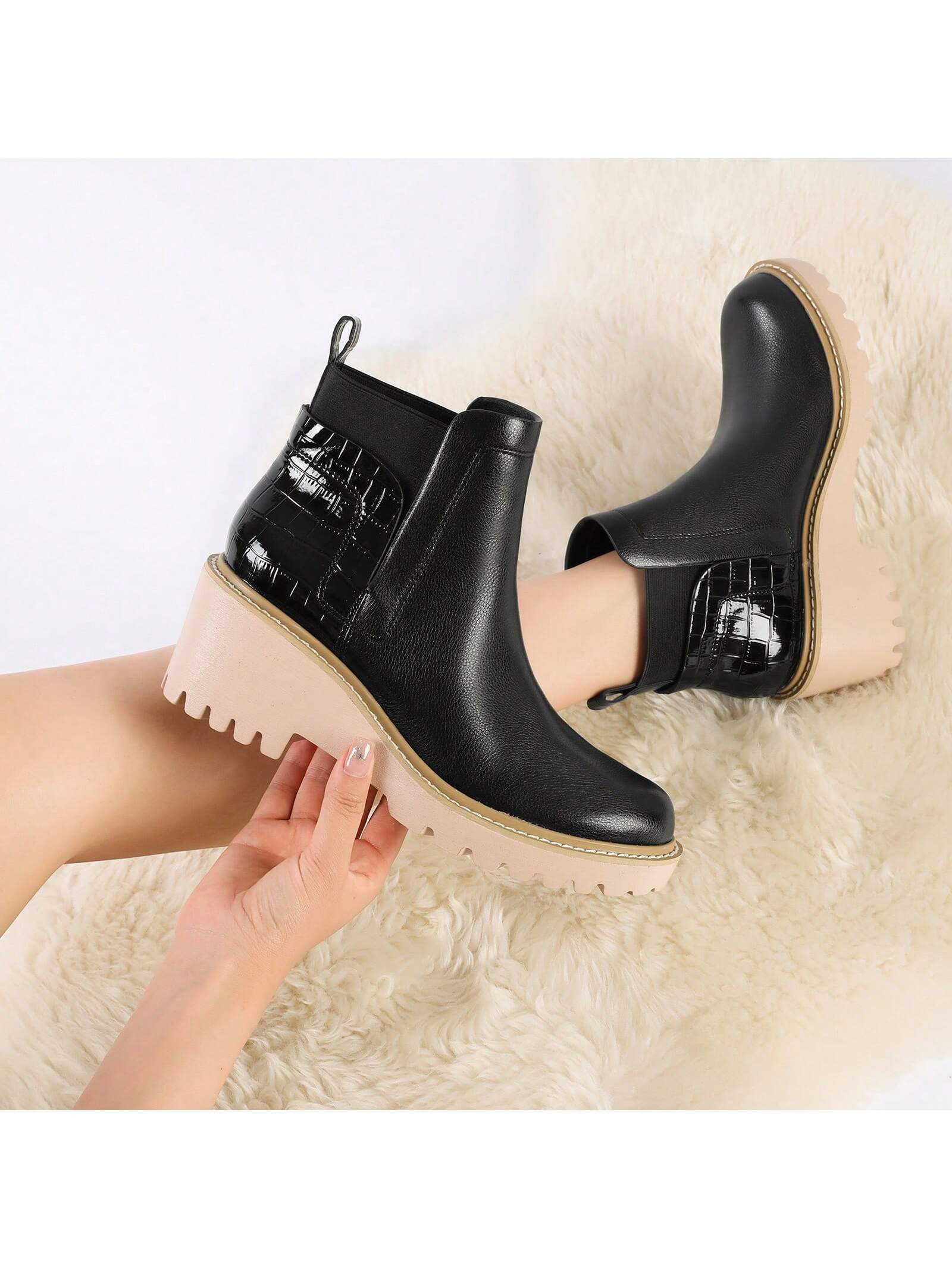 Chelsea Boots For Women Platform Ankle Boots Chunky Lug Sole Boots Slip On Elastic Fall Boots Wedges Block Booties