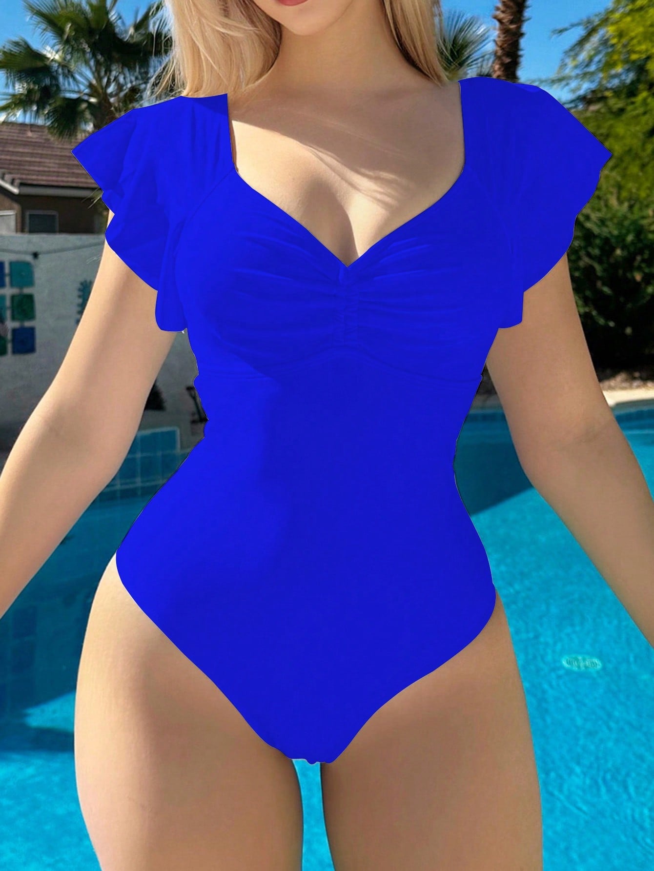 Swim Summer Beach Women One-Piece Swimsuit, Solid Color With Ruched Bust And Ruffles, Simple And Elegant Design For Holiday/Resort Wear