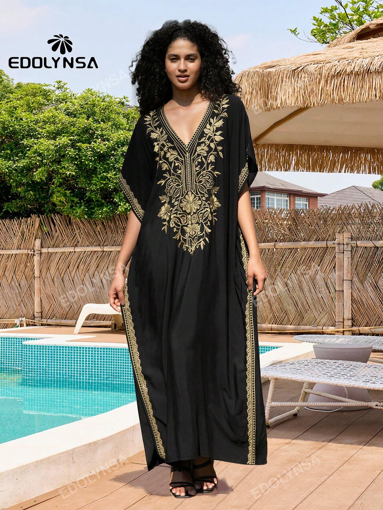 Embroidery Blue Kaftan Women Bohemian House Dress Split Thigh Beachwear Dubai Abaya Vacation