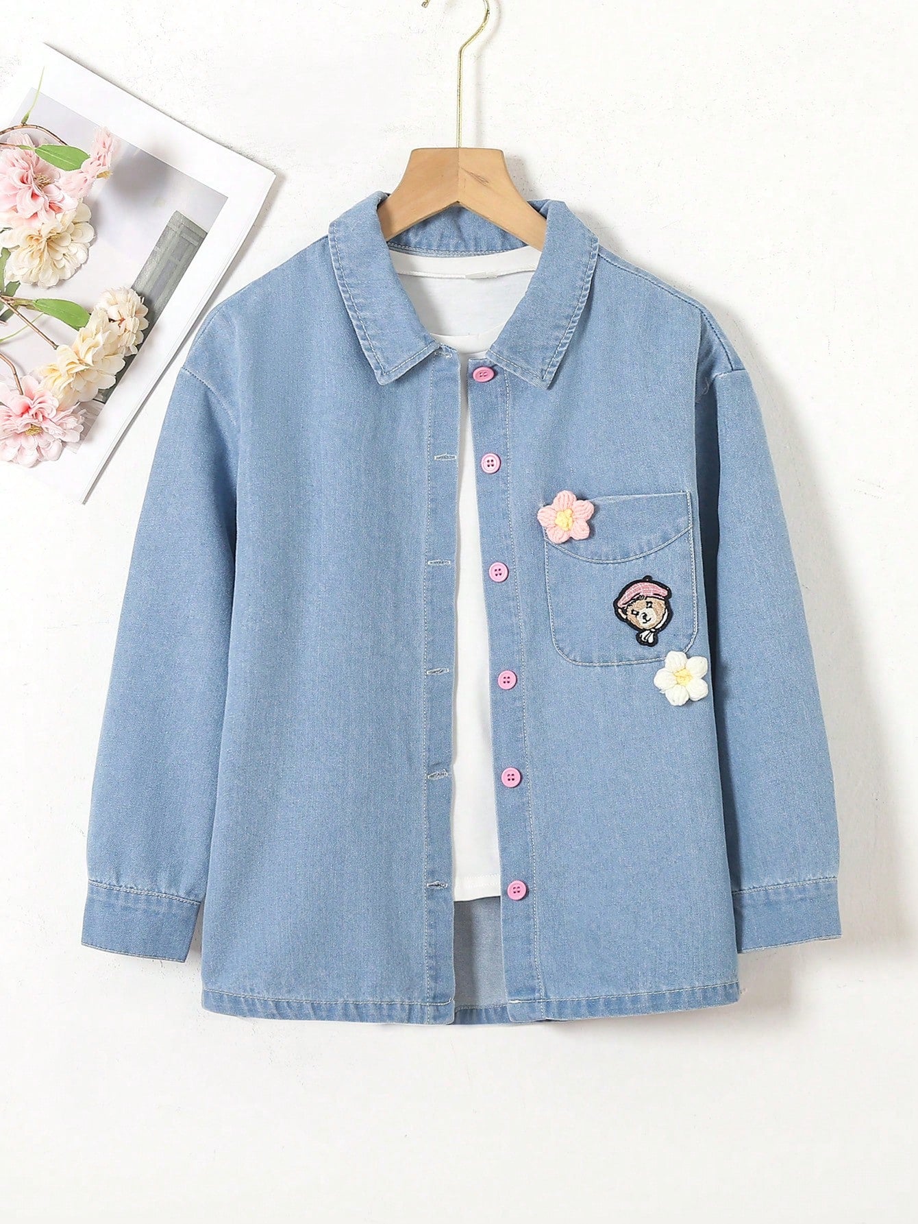 Girls' Comfortable And Casual Vacation Loose Soft Cute Chambray Denim Top, Washed