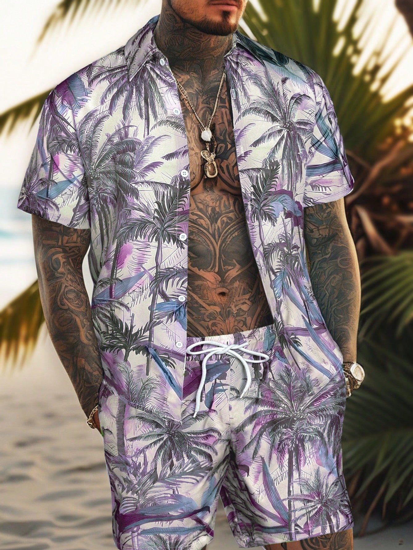 Men Short Sleeve Shirt And Shorts Set With Plant Print