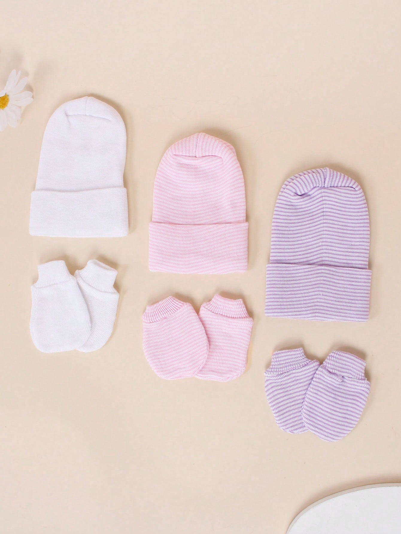 3pcs Newborn Baby Double Layer Thick Striped Hat + Anti-Scratch Hand Gloves Set