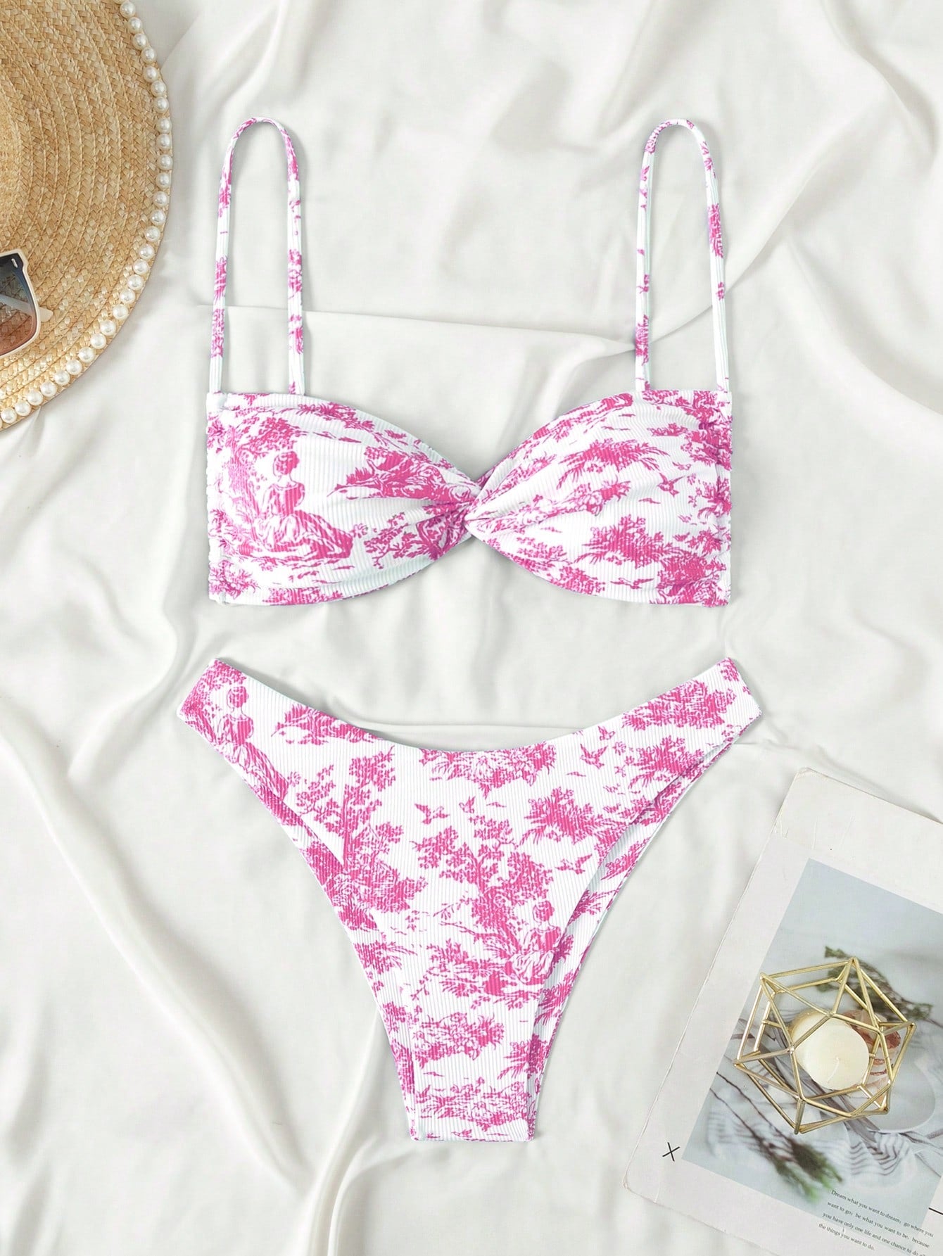 Women's Summer Beach Plant Printed Bikini Set, Sexy Twist Push-Up Two-Piece Bikini Set