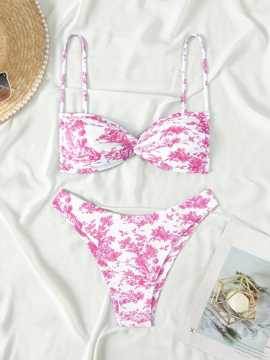 Women's Summer Beach Plant Printed Bikini Set, Sexy Twist Push-Up Two-Piece Bikini Set