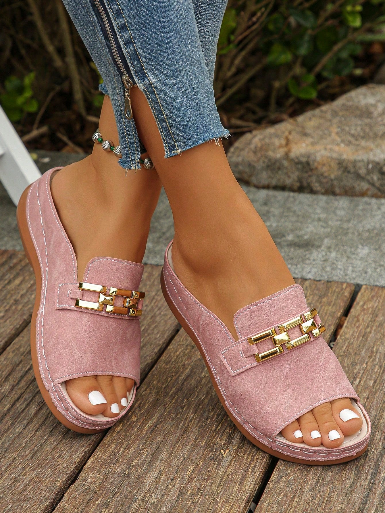 Women's Metal Square Buckle Round Toe Open Toe Wedge Heel Thick Bottom Sandals, Casual Style, Summer Fashion, Daily Wear Slippers, Comfortable, Non-Slip, Pink, US Size 5.5-9.5