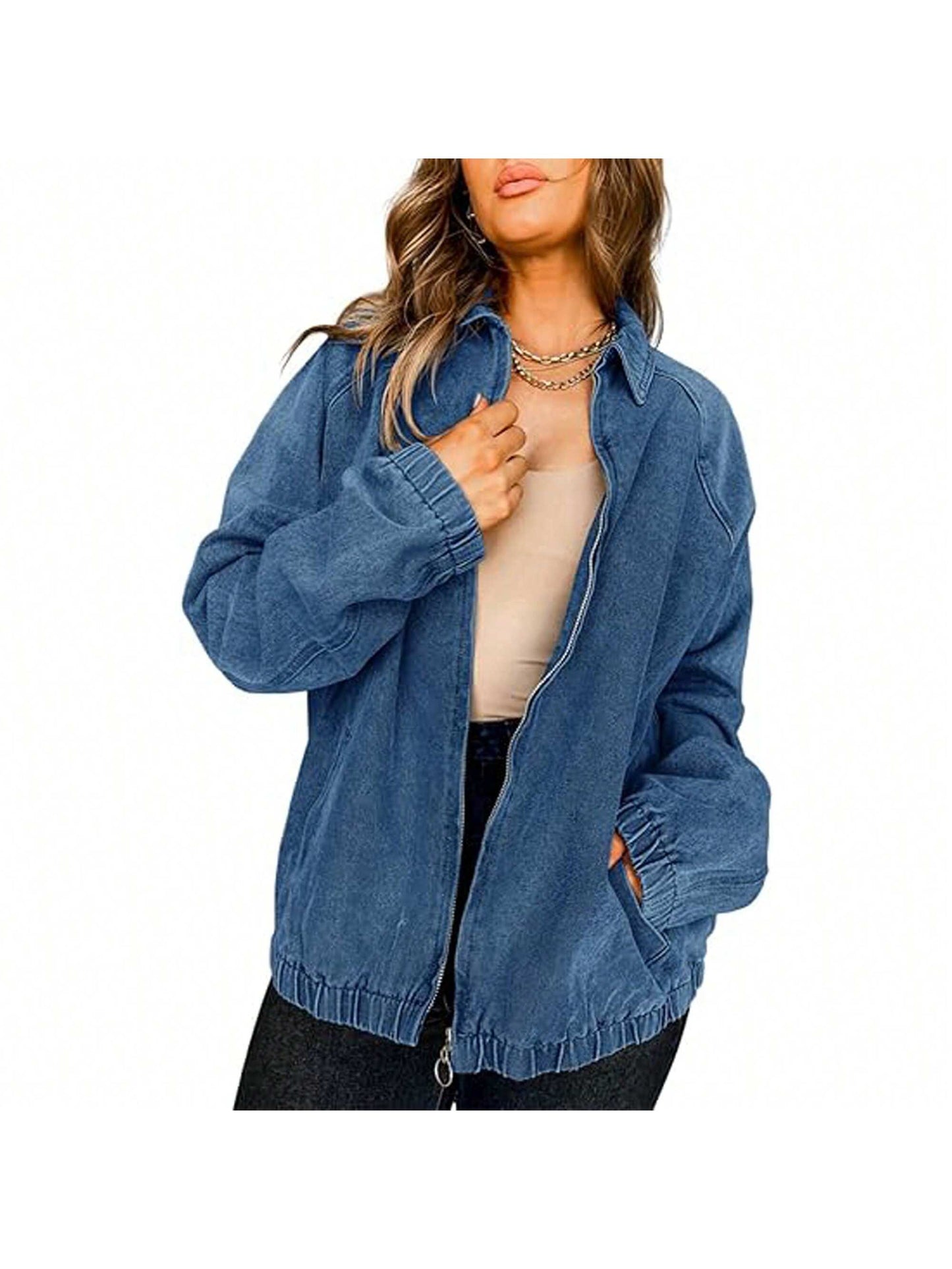 PiePieBuy Womens Casual Long Sleeve Jean Jacket Trendy Front Zipper Elastic Hem Denim Jacket Coat