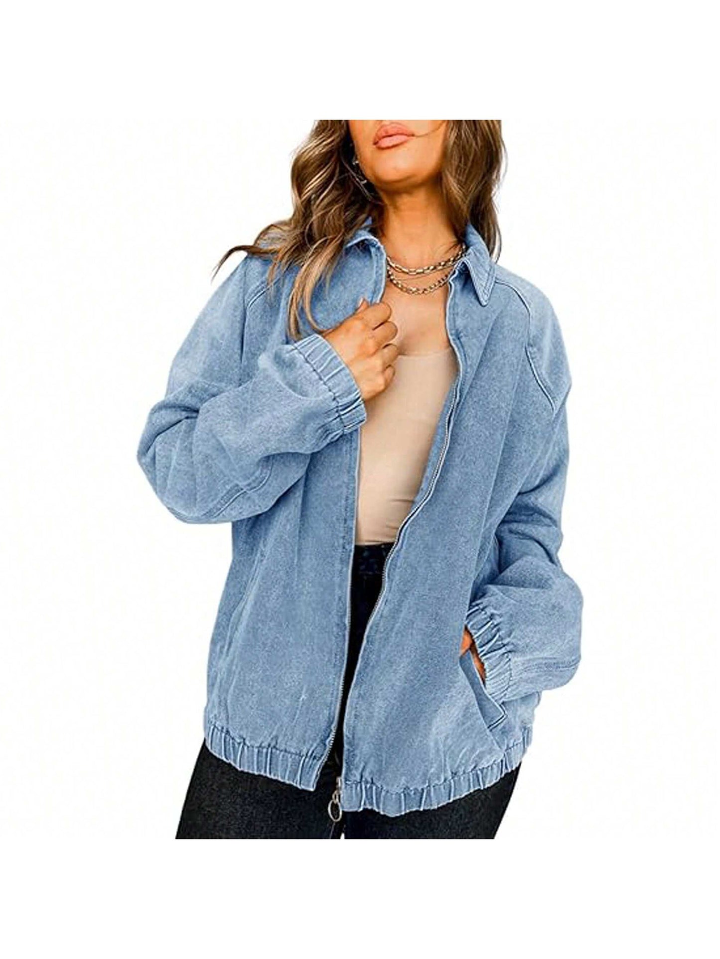 PiePieBuy Womens Casual Long Sleeve Jean Jacket Trendy Front Zipper Elastic Hem Denim Jacket Coat