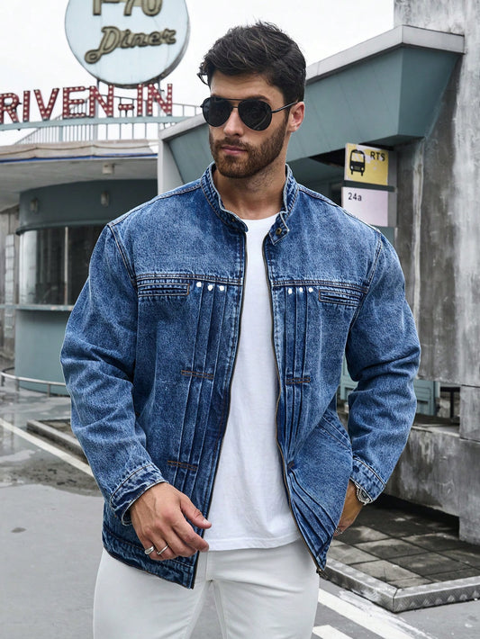 Men Plus Zip Up Denim Jacket For Spring & Autumn