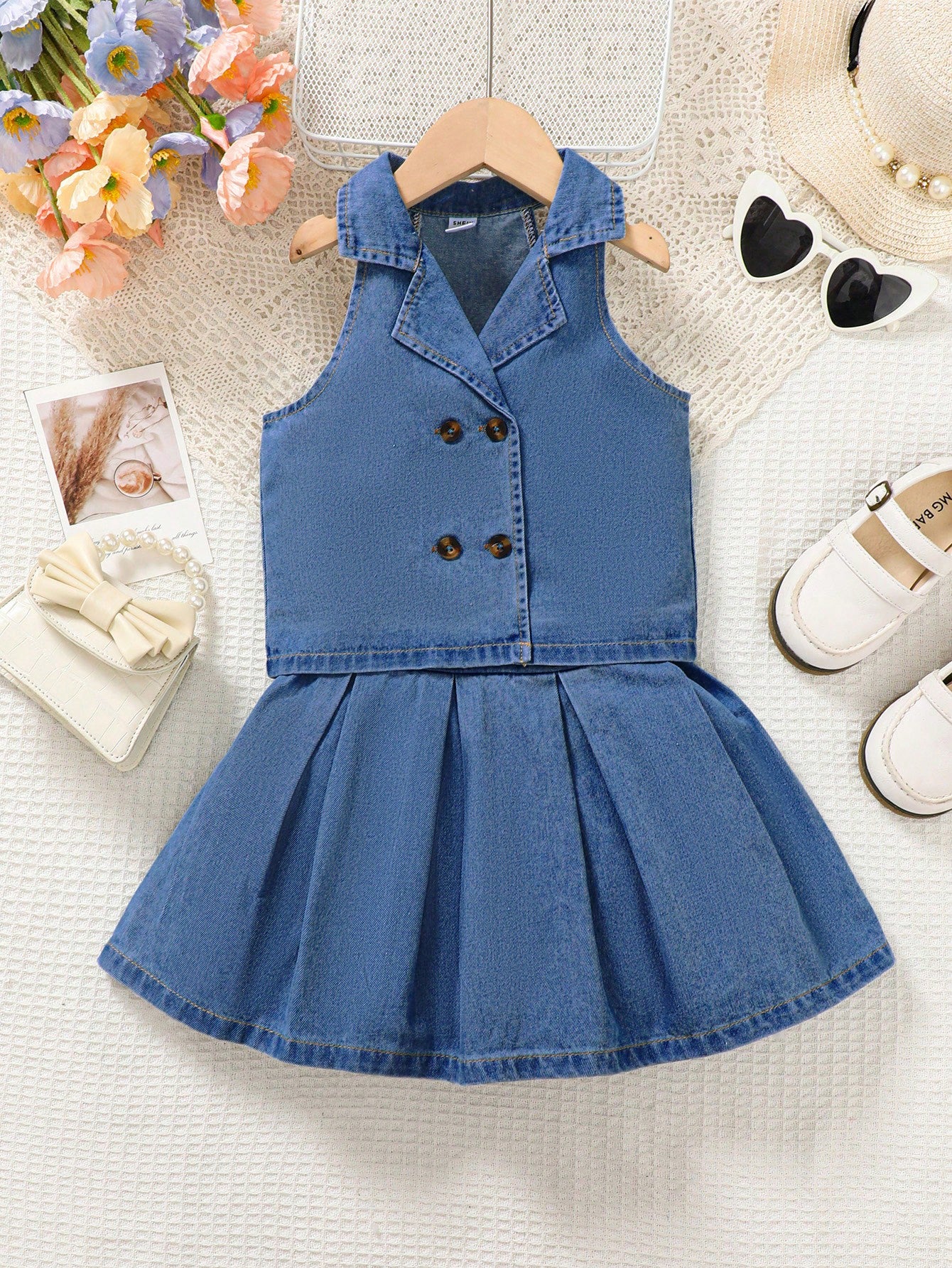 Streecool Kids Girls' Fashionable Shirt Collar Top + Pleated Denim Skirt Set