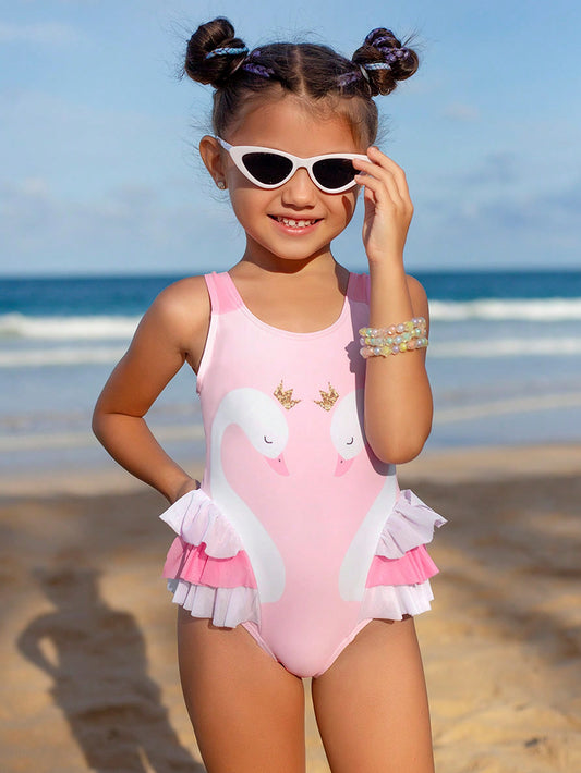 Young Girl Summer Beach Contrast Color Swimsuit With Ruffle Hem And Swan Print