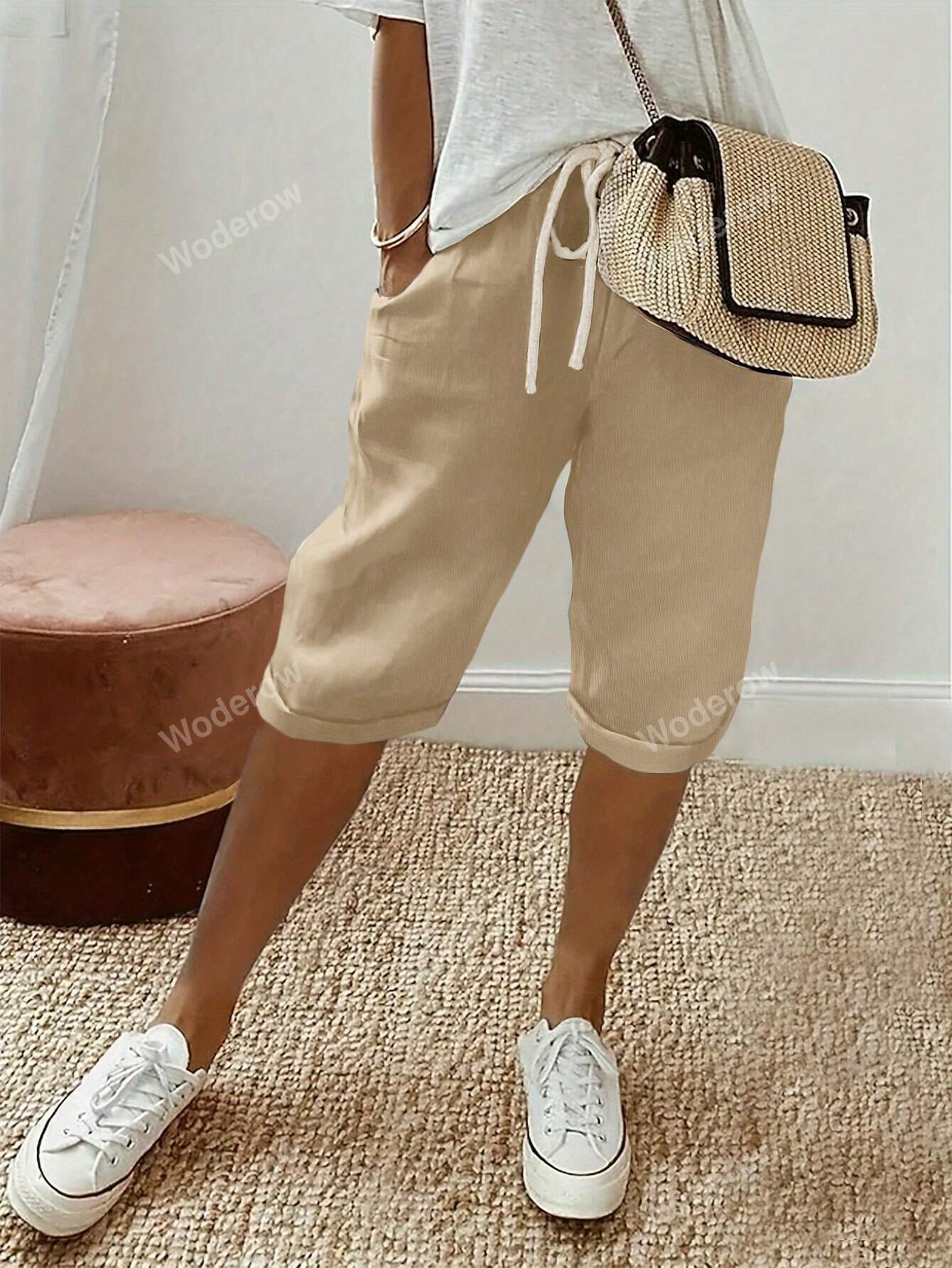 Women's Solid Color Drawstring Waist Pocketed Casual Bermuda Shorts