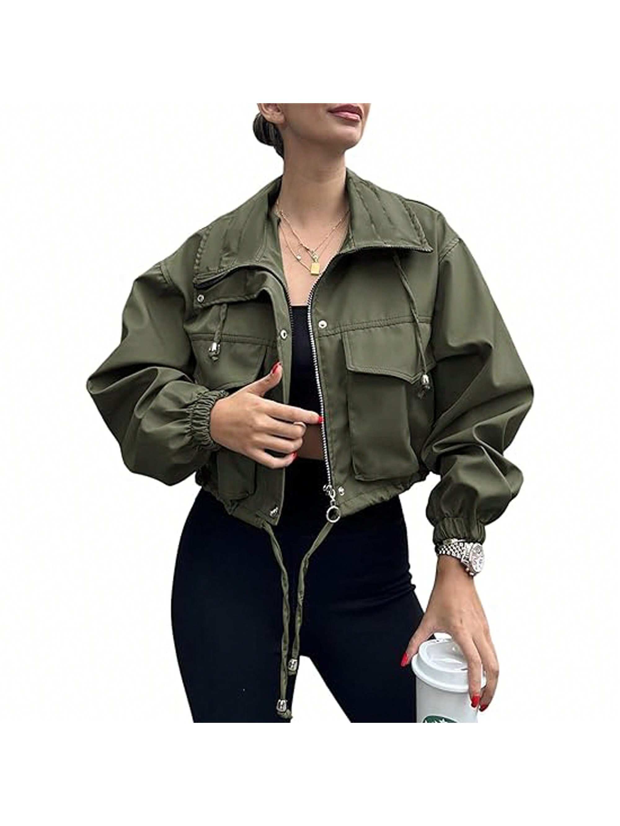 PiePieBuy Womens Cropped Jacket Zip Up Lightweight Oversized Utility Anorak Coat With Pockets