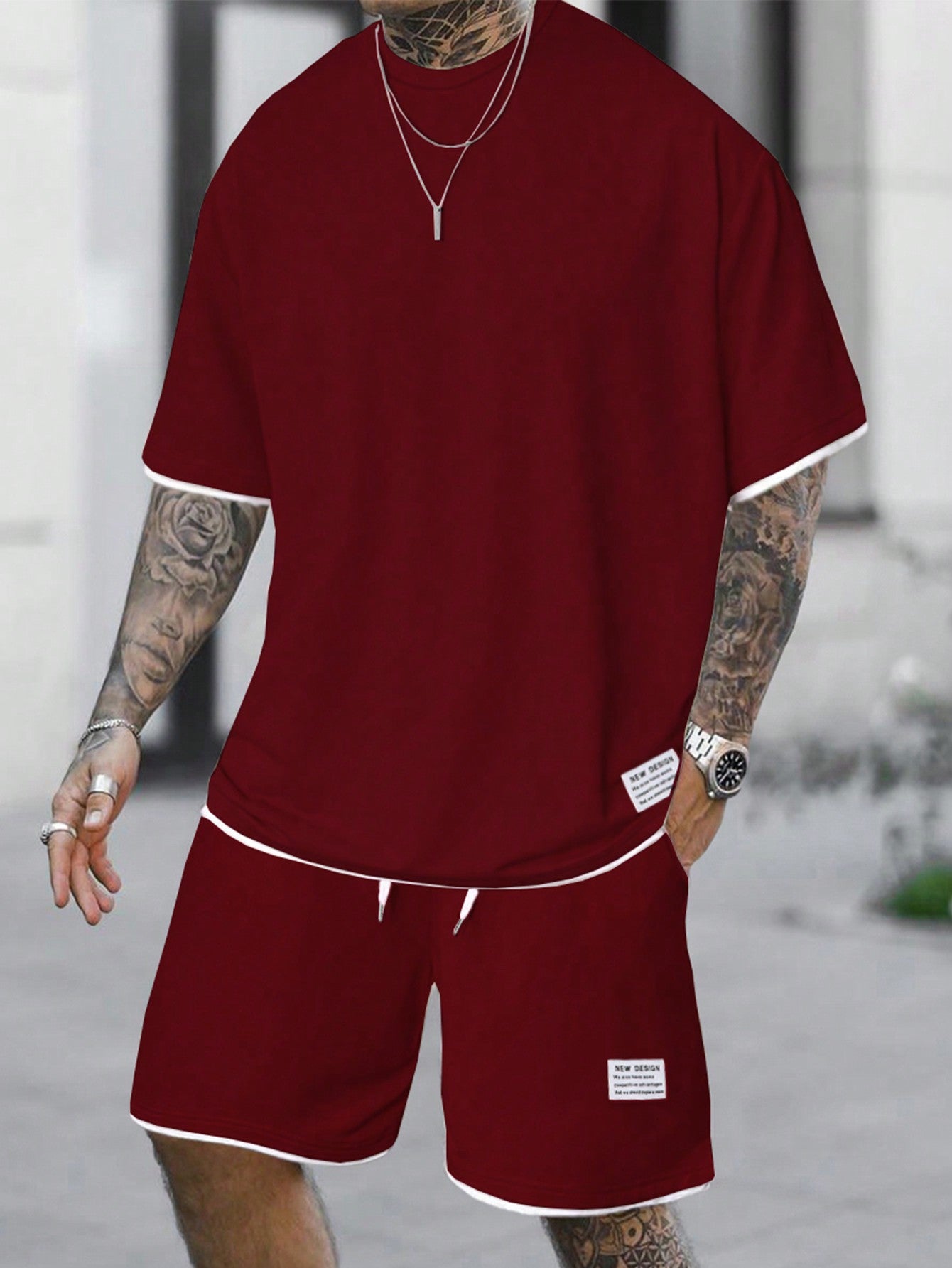 Men Letter Patched Detail Contrast Trim Tee & Drawstring Waist Shorts