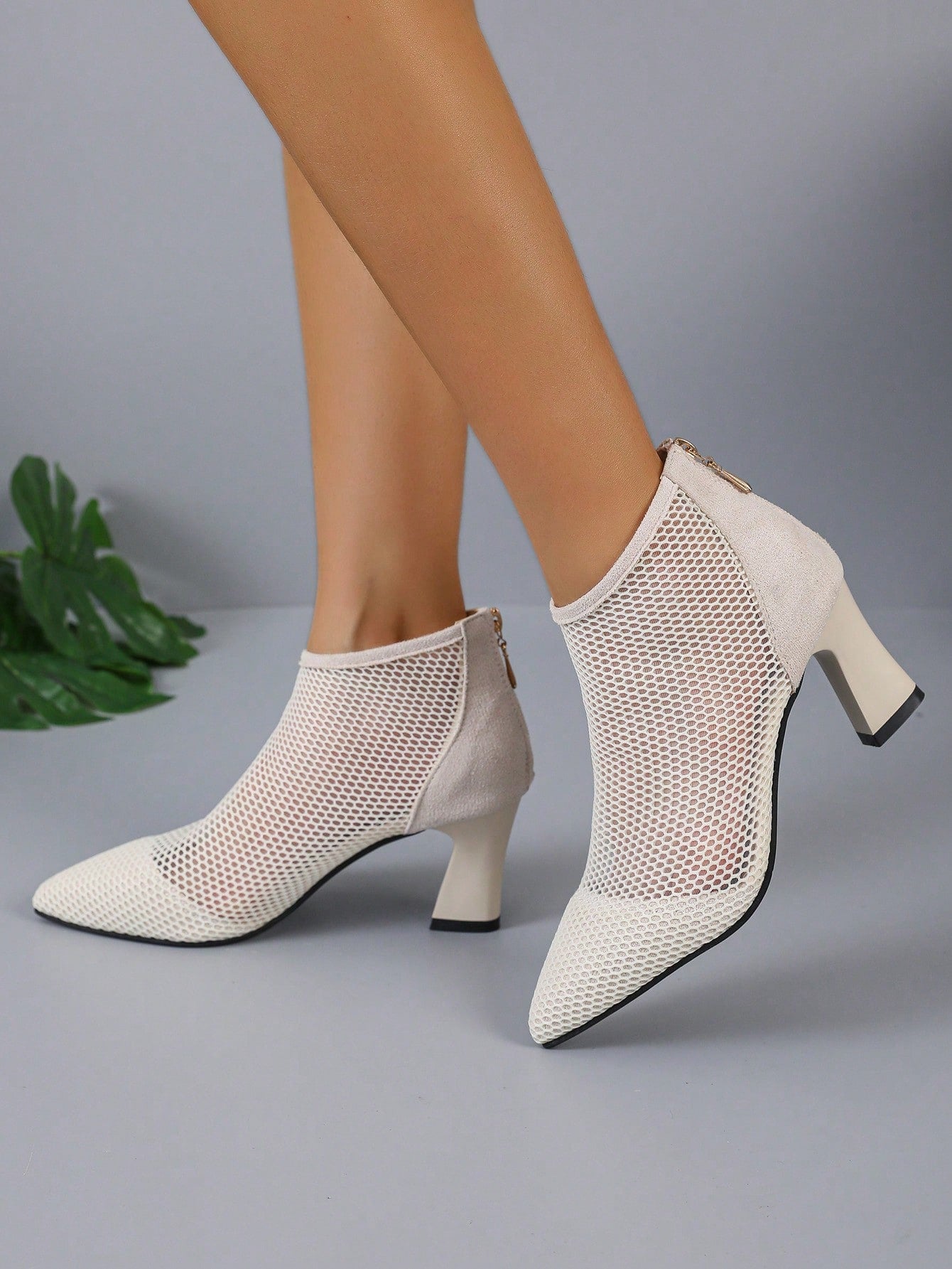 Women Mesh Panel Point Toe Pyramid Heeled Sandals Boots, Fashion Summer Ankle Boots