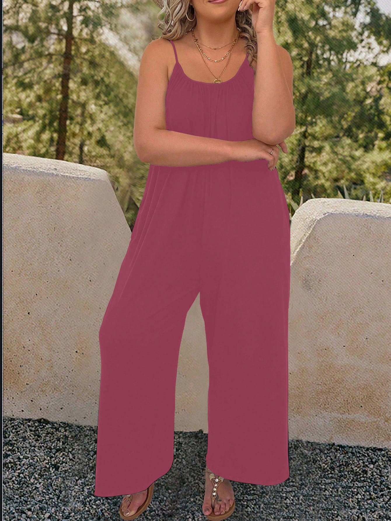 Plus Solid Slant Pocket Cami Jumpsuit