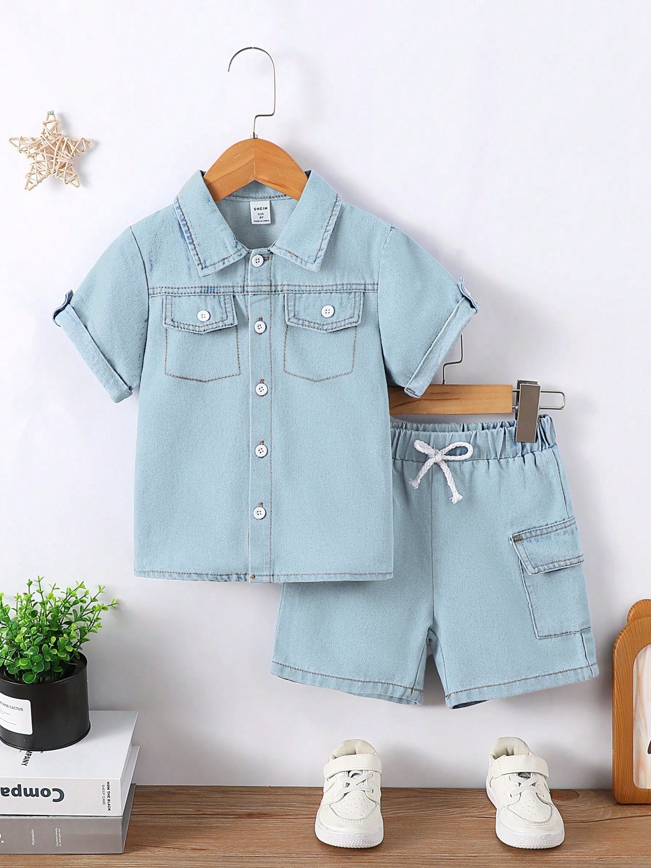 2pcs/Set Boys' Daily Casual College Style Blue Shirt And Blue Denim Shorts Set, Summer