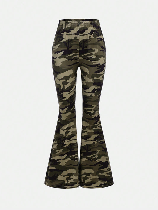 Tween Girl Camouflage Pattern High Waist  Casual & Comfortable Bell Bottom Long Pants