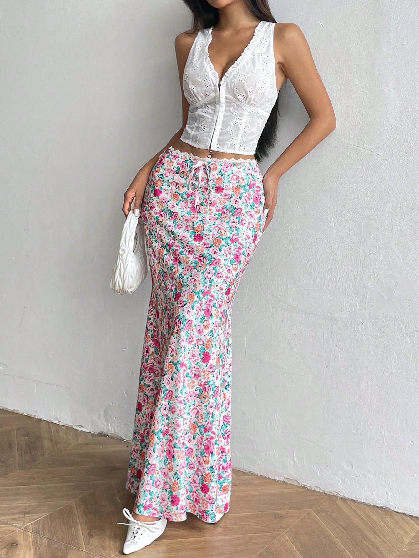 Low Waist Floral Printed Lace & Fish Tail Midi Skirt