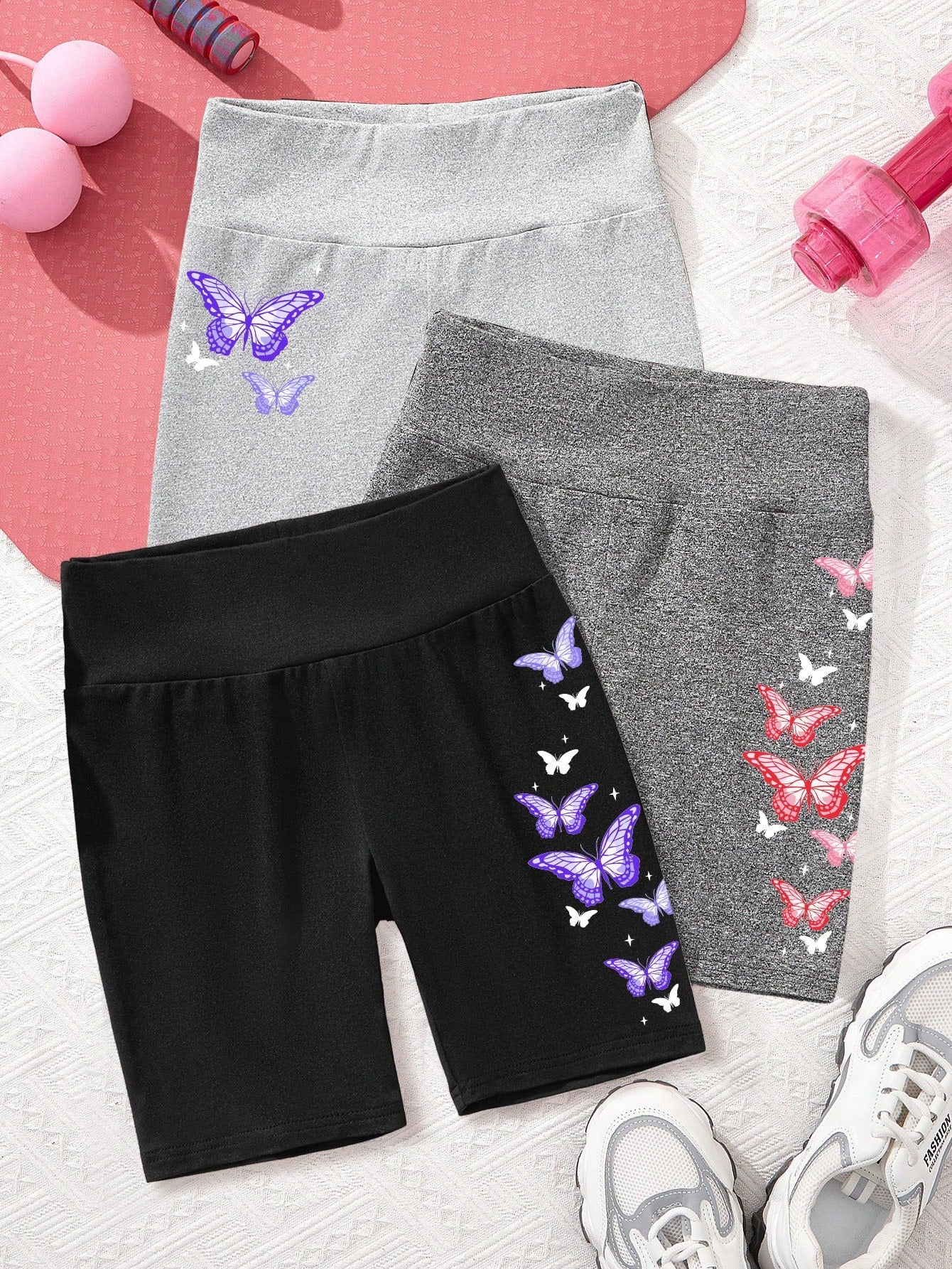 3pcs Tween Girl's Butterfly Printed Mid-Length Leggings, Casual Wear, Suitable For Spring & Summer