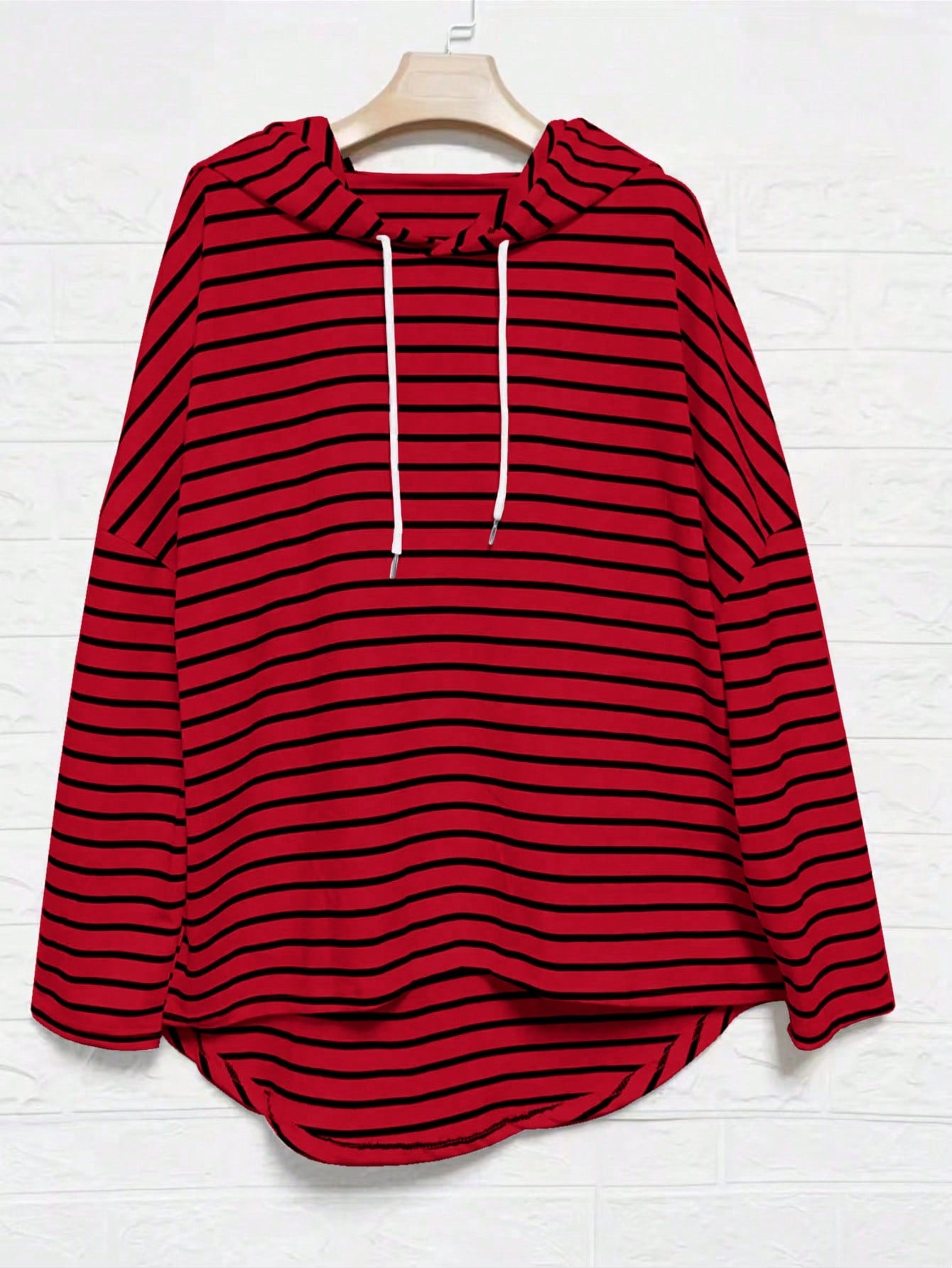 Women Plus Size Striped Drop Shoulder Long Sleeve Loose Fit Hoodie For Spring And Autumn