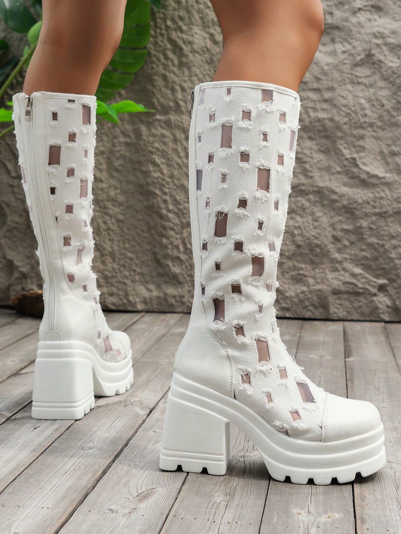 New Arrival Women's Casual Knit High Heel Platform Over-the-knee Boots With Elastic Band