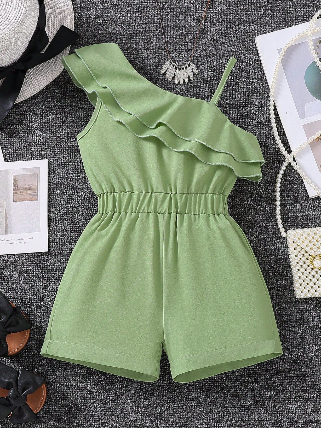 Young Girl Ruffle Trim Asymmetrical Neck Romper