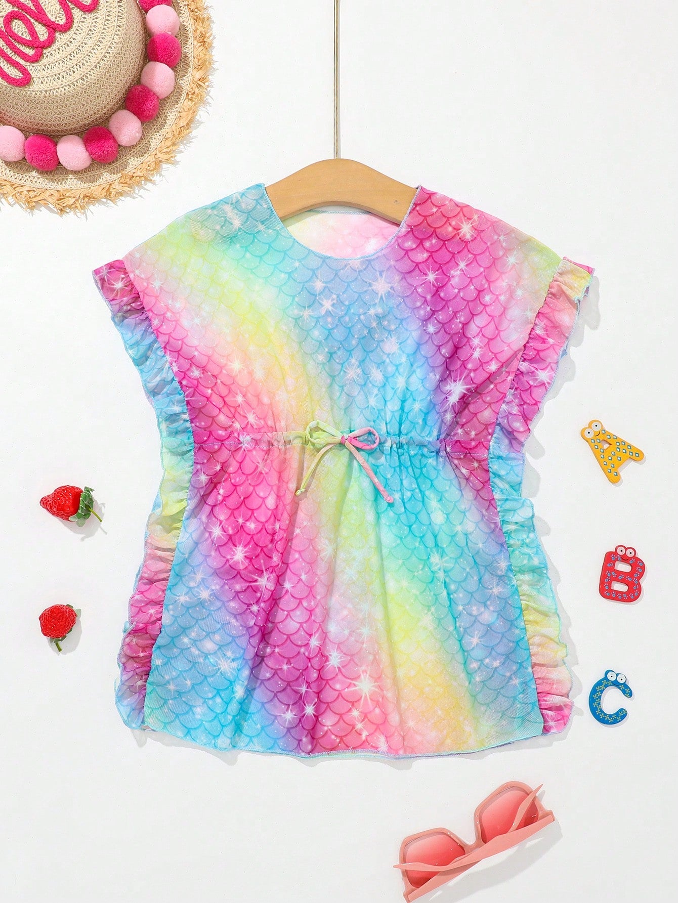 Young Girl's Fish Scale Gradient Printed Cover Up Dress