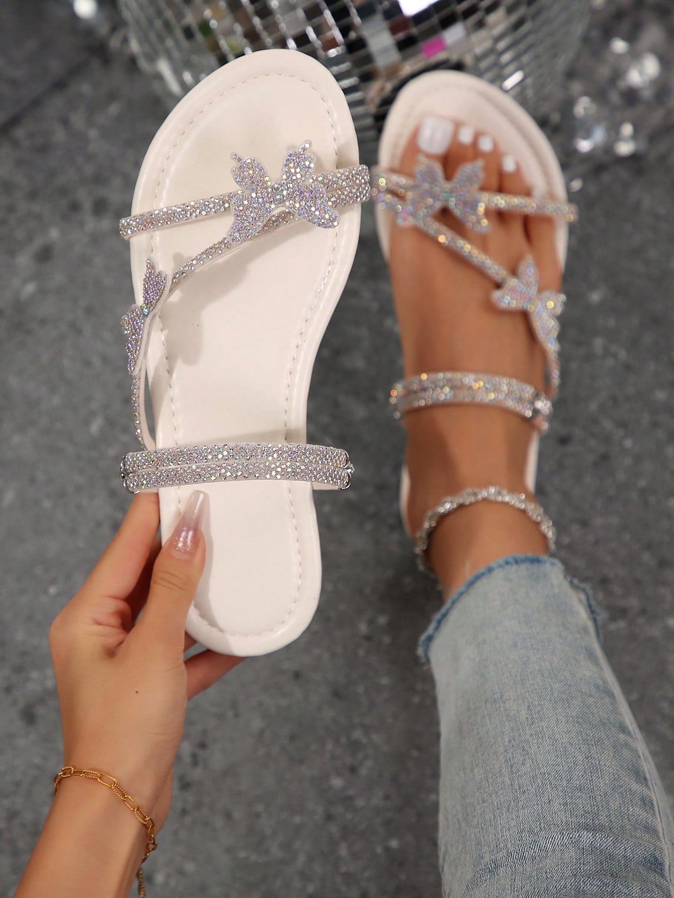 Women's Colorful Rhinestone Butterfly Multiple Strap Two-Way Wear Slide Sandals, French Fashion Silver Slippers For Summer And Autumn