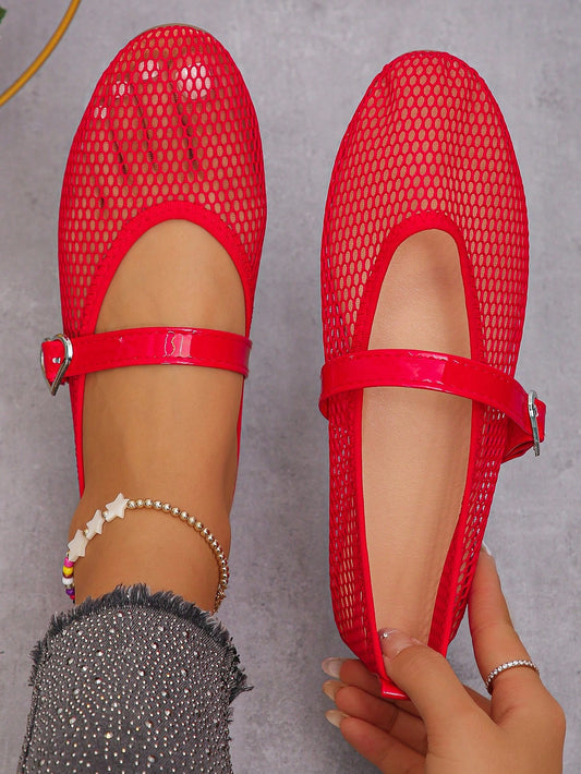 Breathable Mesh Ballet Flats With Cutout Fishnet Design, Slip-On