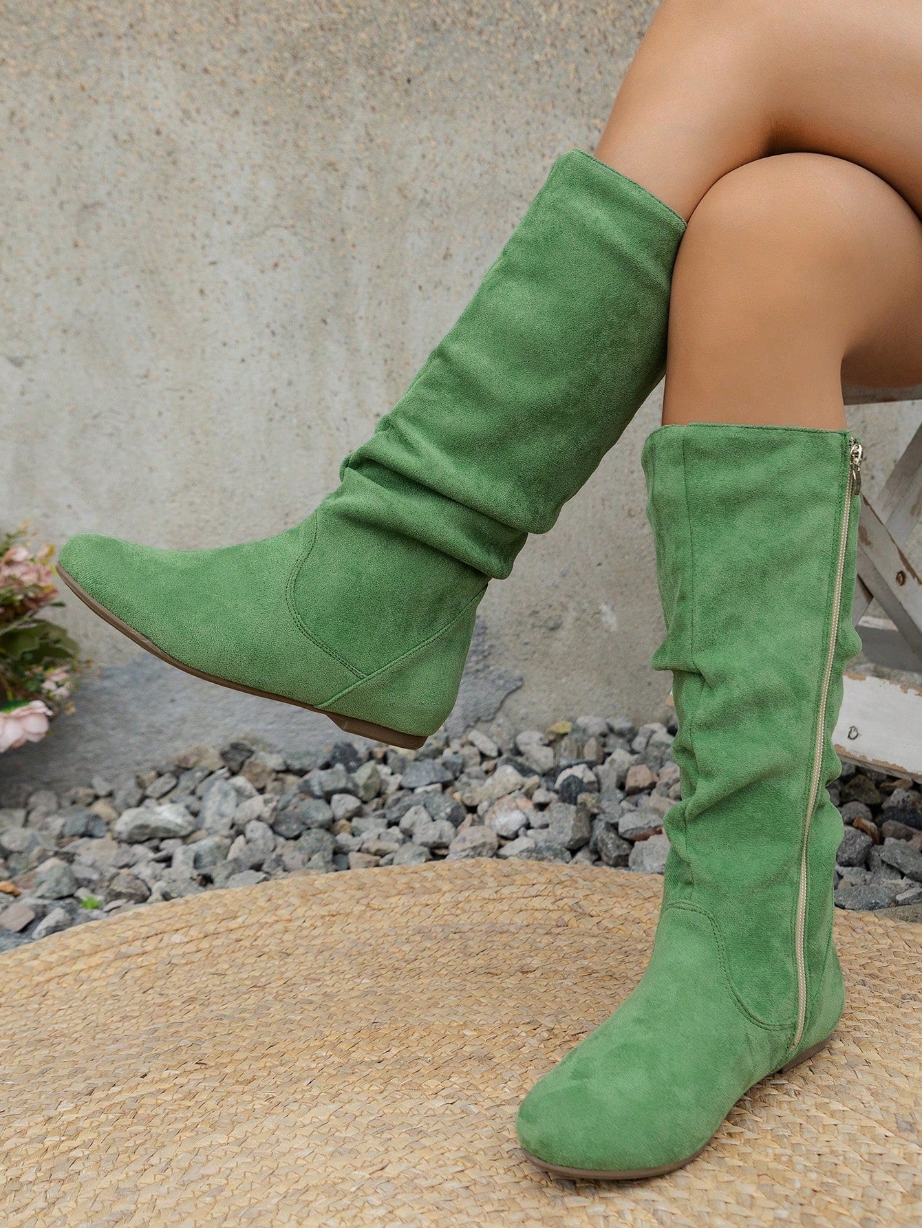 Green Pleated Flat Round Toe Side Zipper Casual Comfortable Fashionable Women's Flat Boots