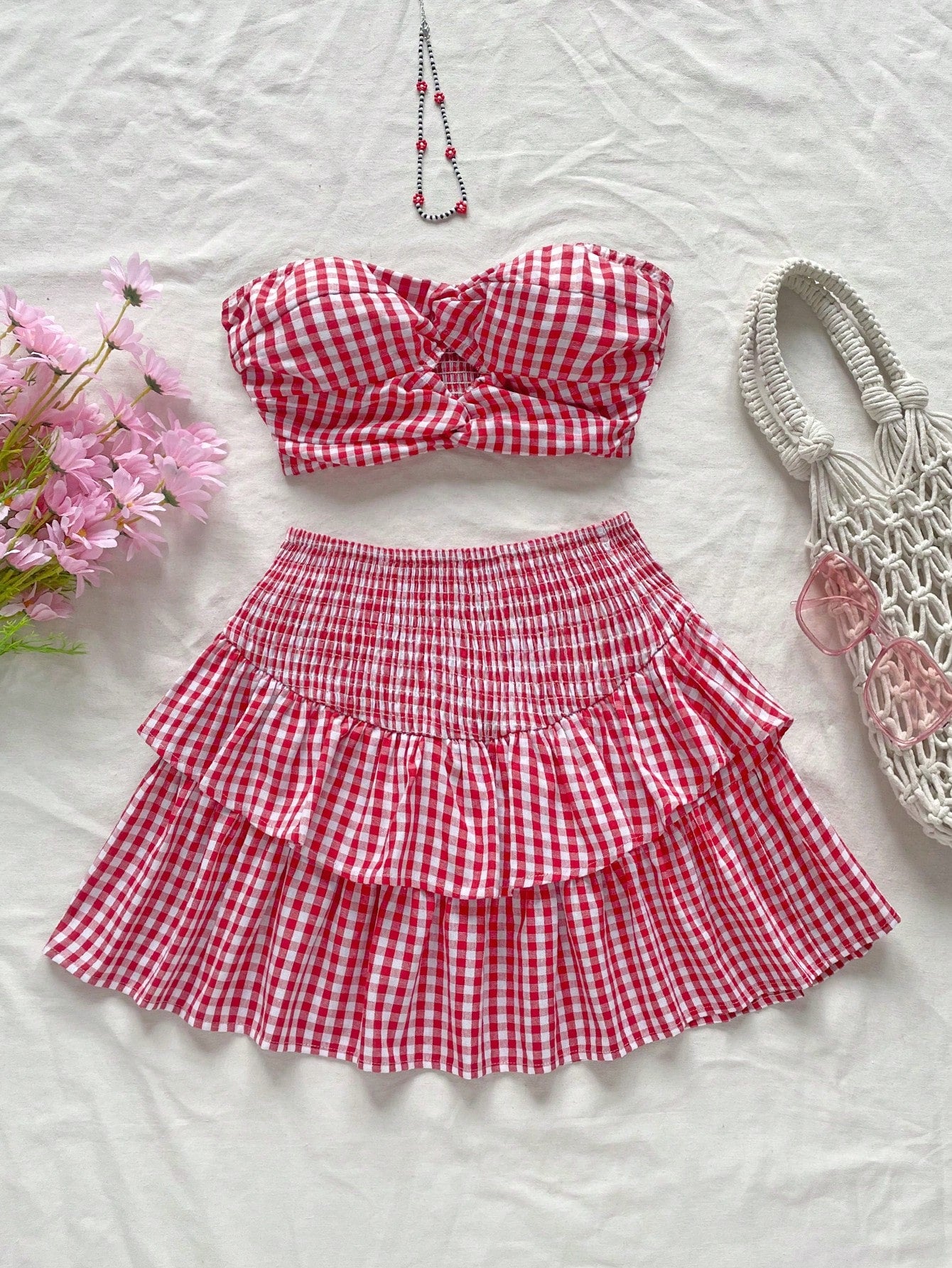 Casual Vacation Plaid Strapless Top With Twist Front And High Waist A-Line Skirt, 2pcs/Set