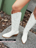 White Cowgirl Boots Embroidery Chubky Block Heels Slip On Mid Calf Wedding Party Fashion Women Western Boots