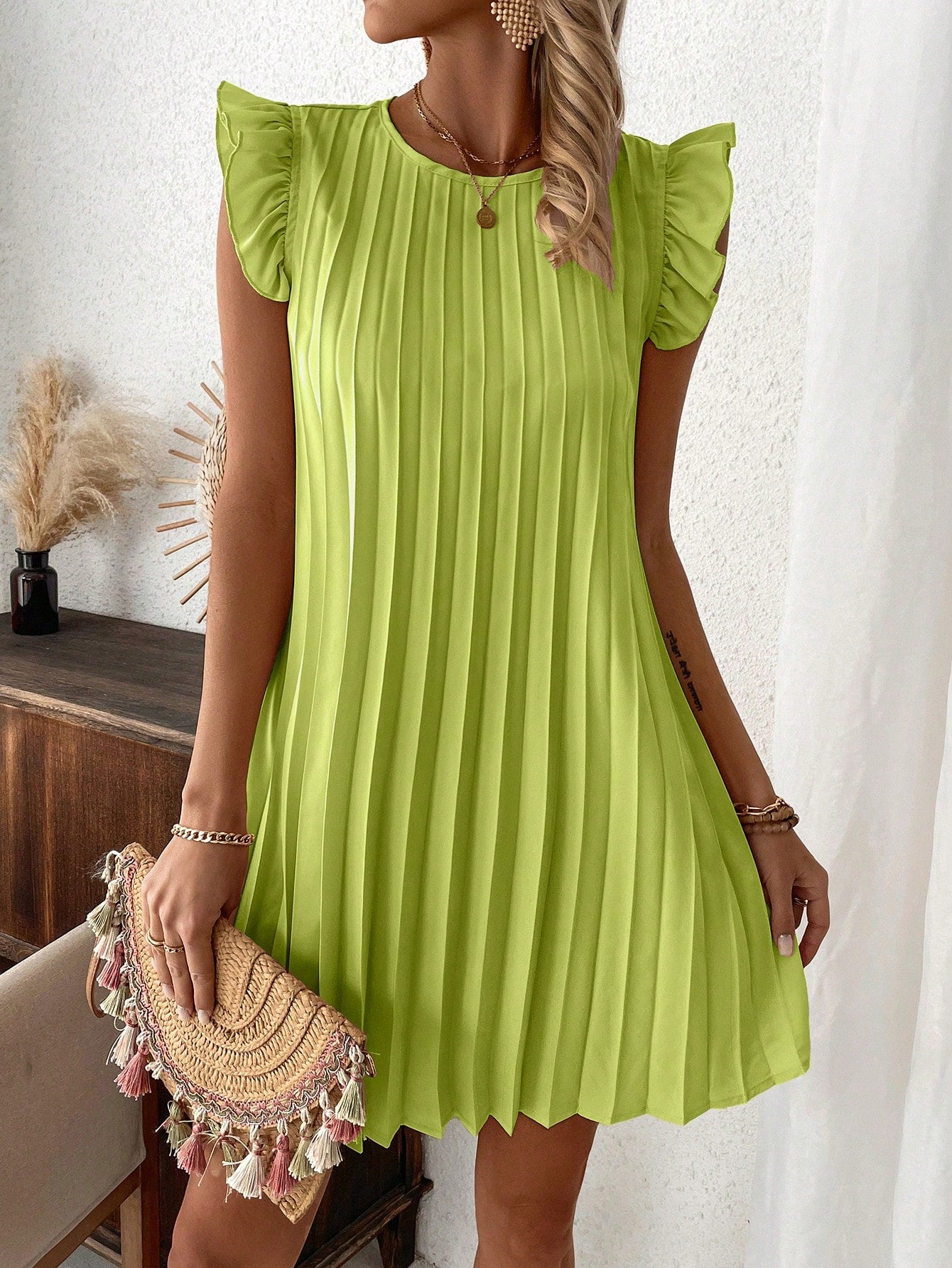 Women's Solid Color Ruffled & Pleated Decoration Sleeveless Dress