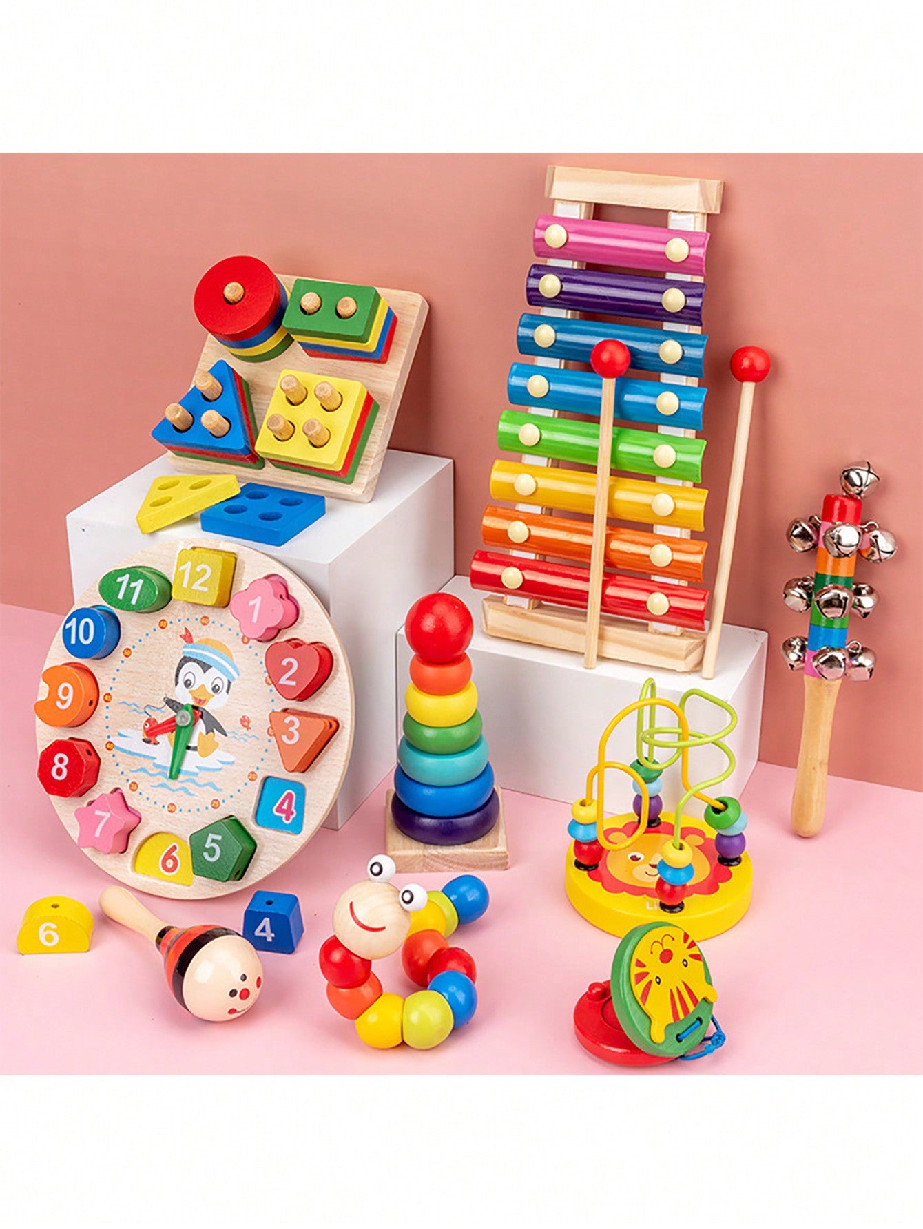 1pc Wooden Rainbow Tower Educational Toy Set For Infants And Toddlers, Including Stacking Blocks, Beads Hammering Game, And Montessori Early Educational Instrument